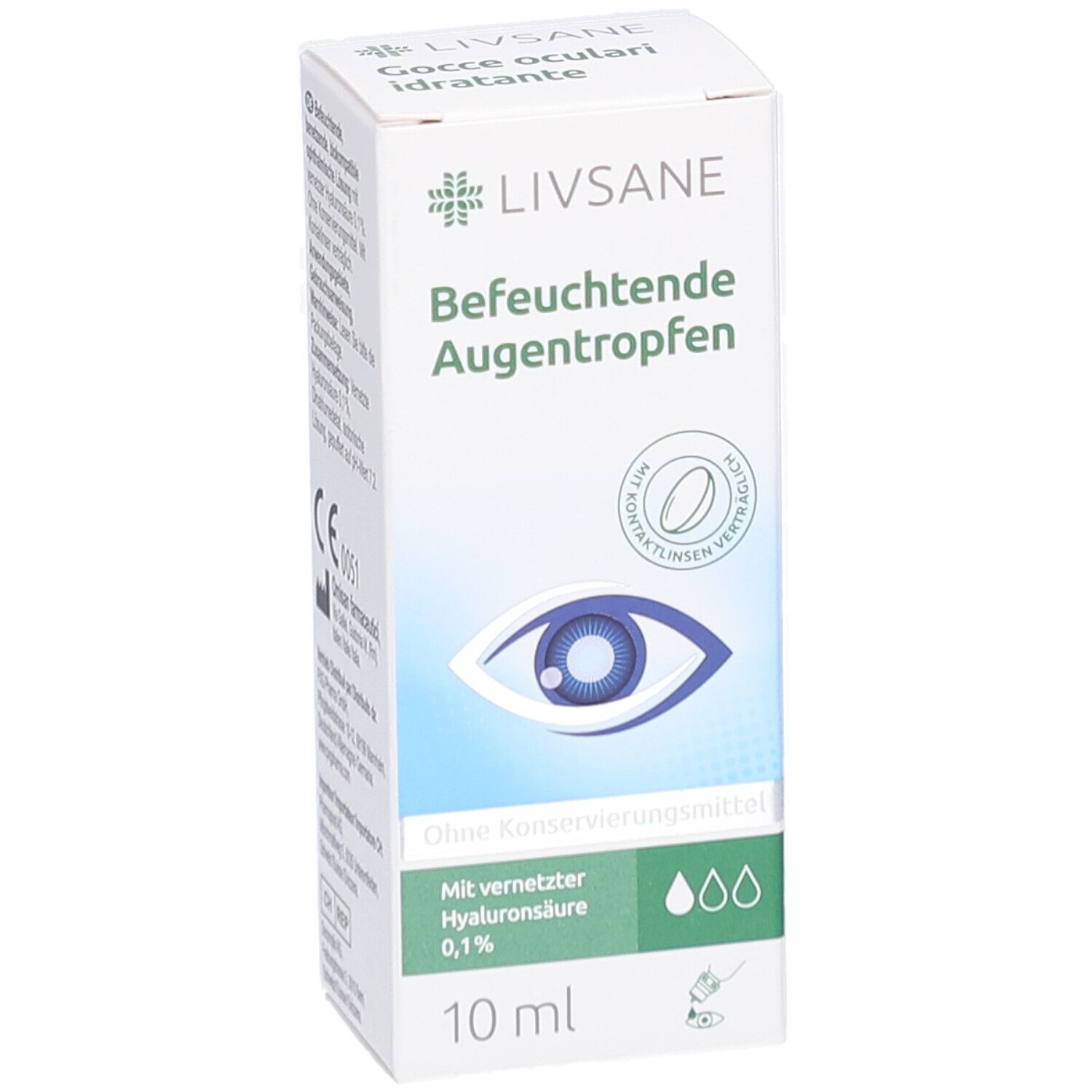 Boîte blanche avec informations produit. Inscription: Befeuchtende Augentropfen. Contient acide hyaluronique réticulé 0,1%. 10 ml.
