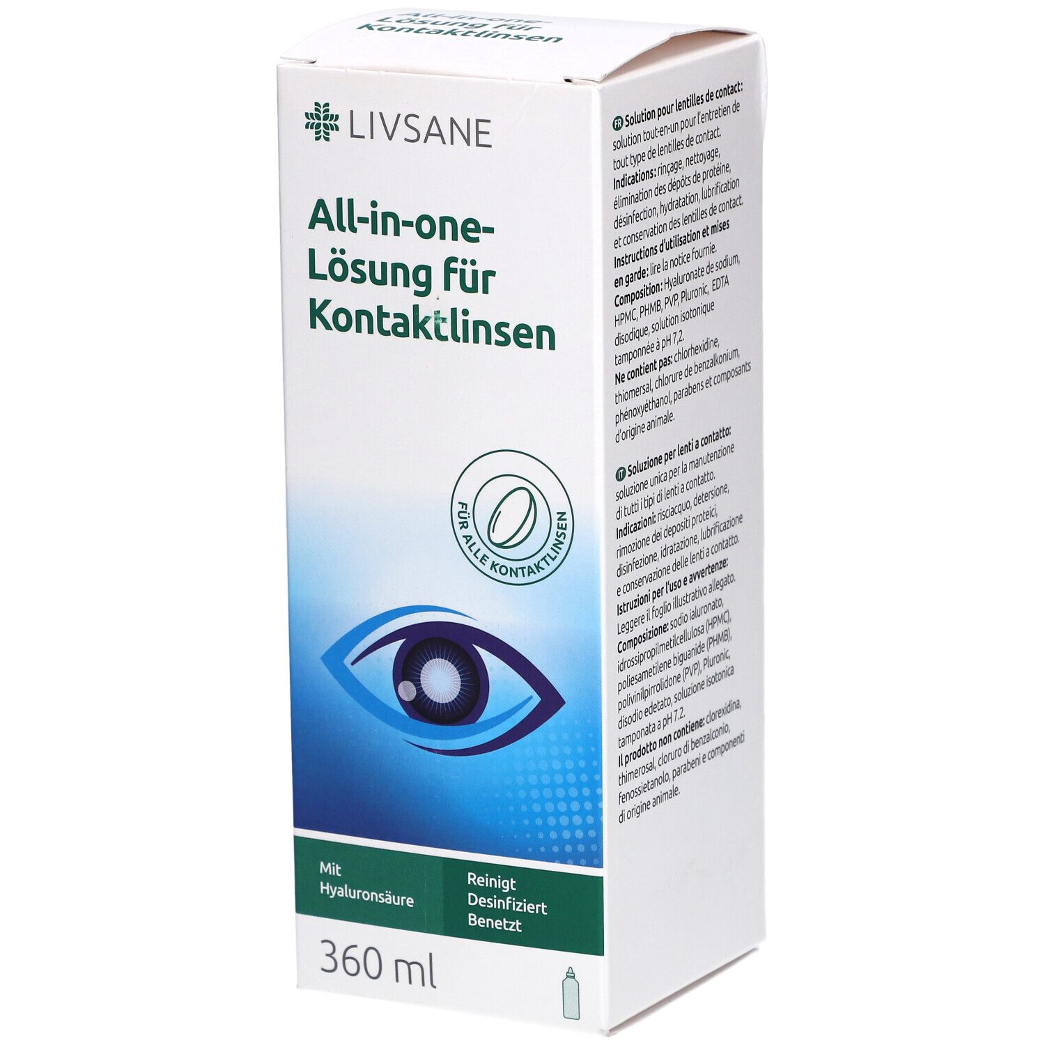 Weißer Karton mit "Livsane" und "All-in-one-Lösung für Kontaktlinsen". Enthält 360 ml. Mit Hyaluronsäure.