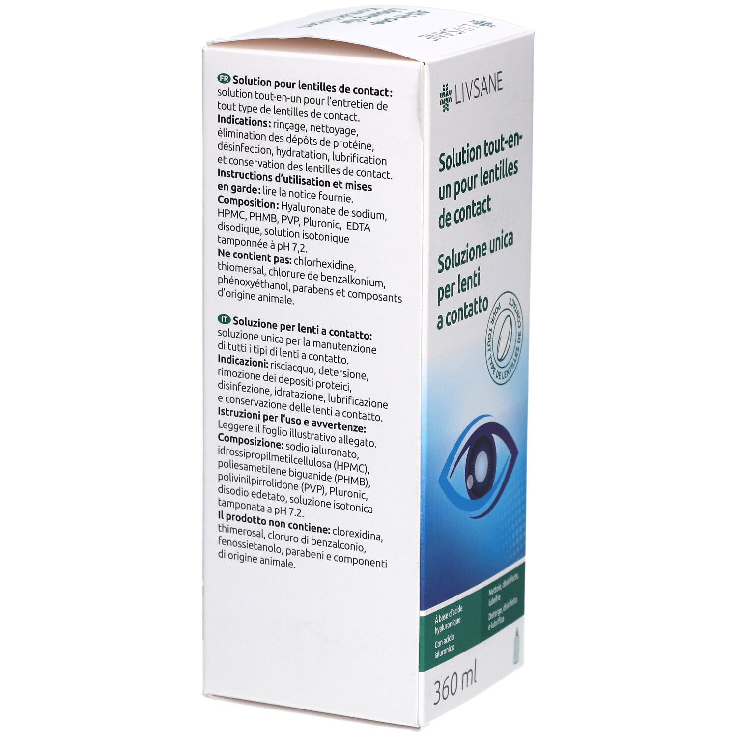 Karton mit Text in Deutsch, Französisch und Italienisch. Enthält Informationen zur Anwendung. Mit CE-Kennzeichnung.