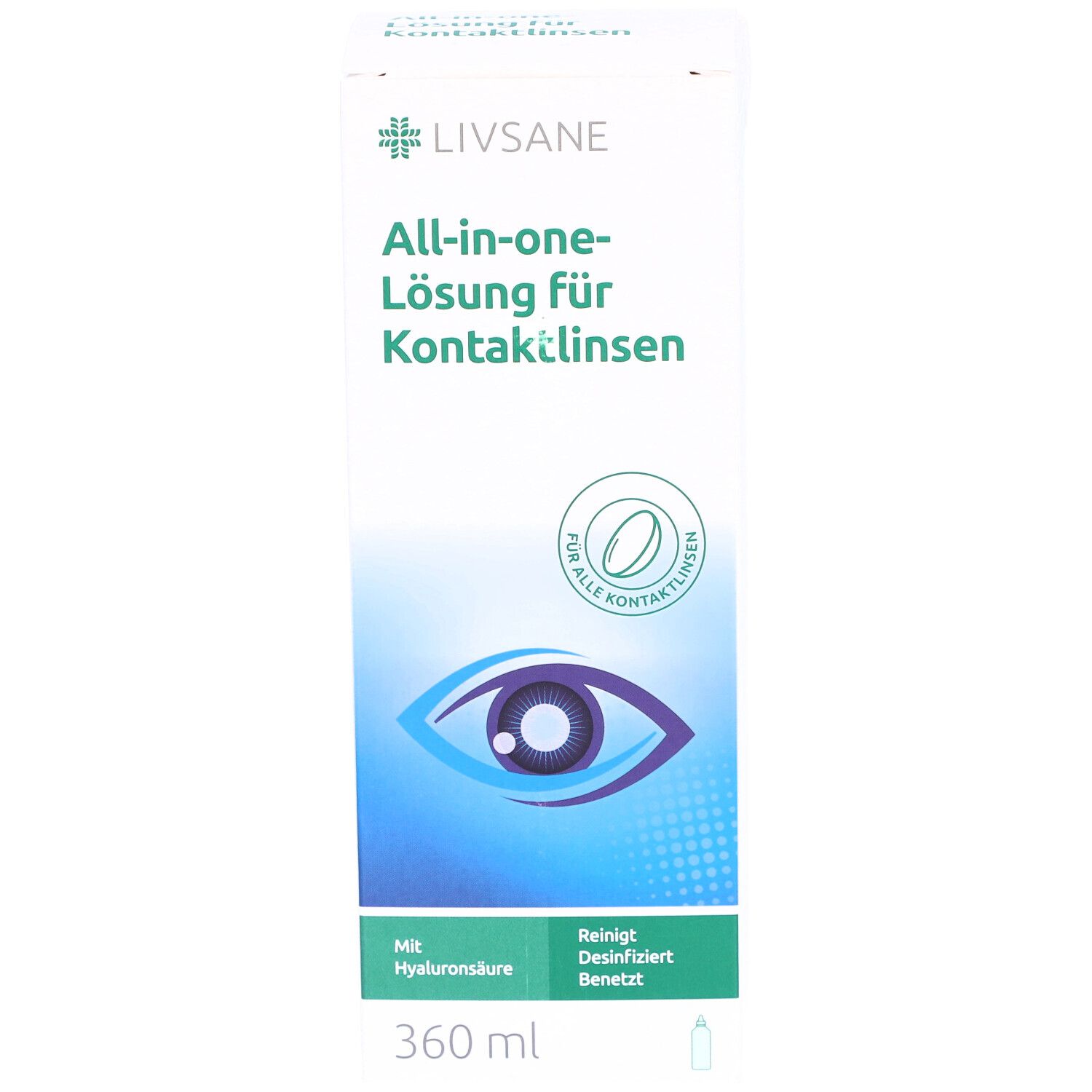 Weißer Karton mit "Livsane" und "All-in-one-Lösung für Kontaktlinsen". Enthält 360 ml. Mit Hyaluronsäure.