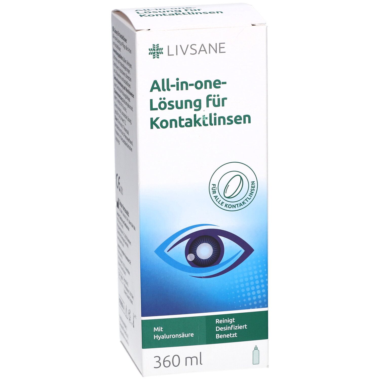 Weißer Karton mit "Livsane" und "All-in-one-Lösung für Kontaktlinsen". Enthält 360 ml. Mit Hyaluronsäure.