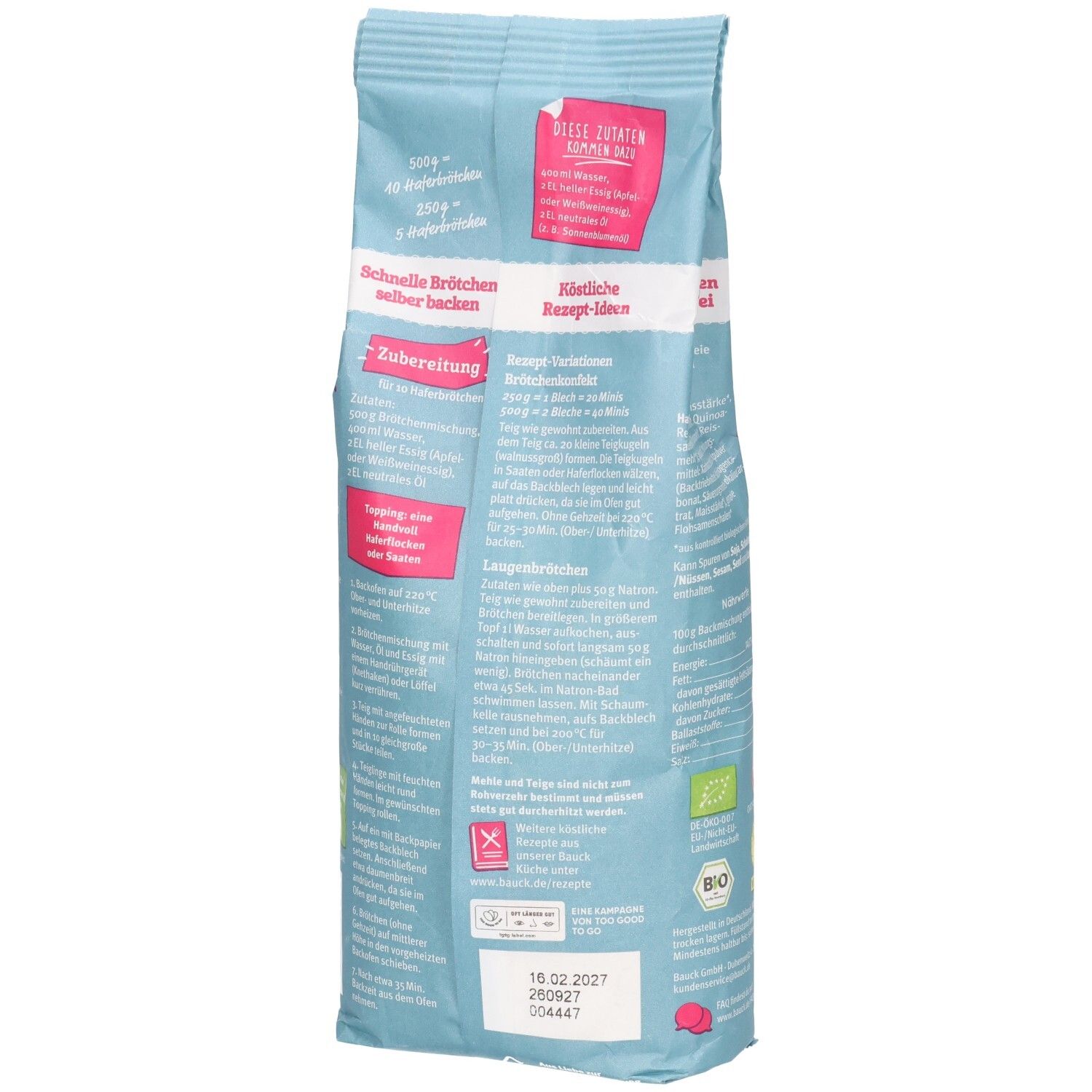 Rückseite der Verpackung "Bauck Mühle Schnelle Brötchen Hafer Backmix glutenfrei". Zubereitungshinweise und Nährwertangaben. Bio-Siegel.