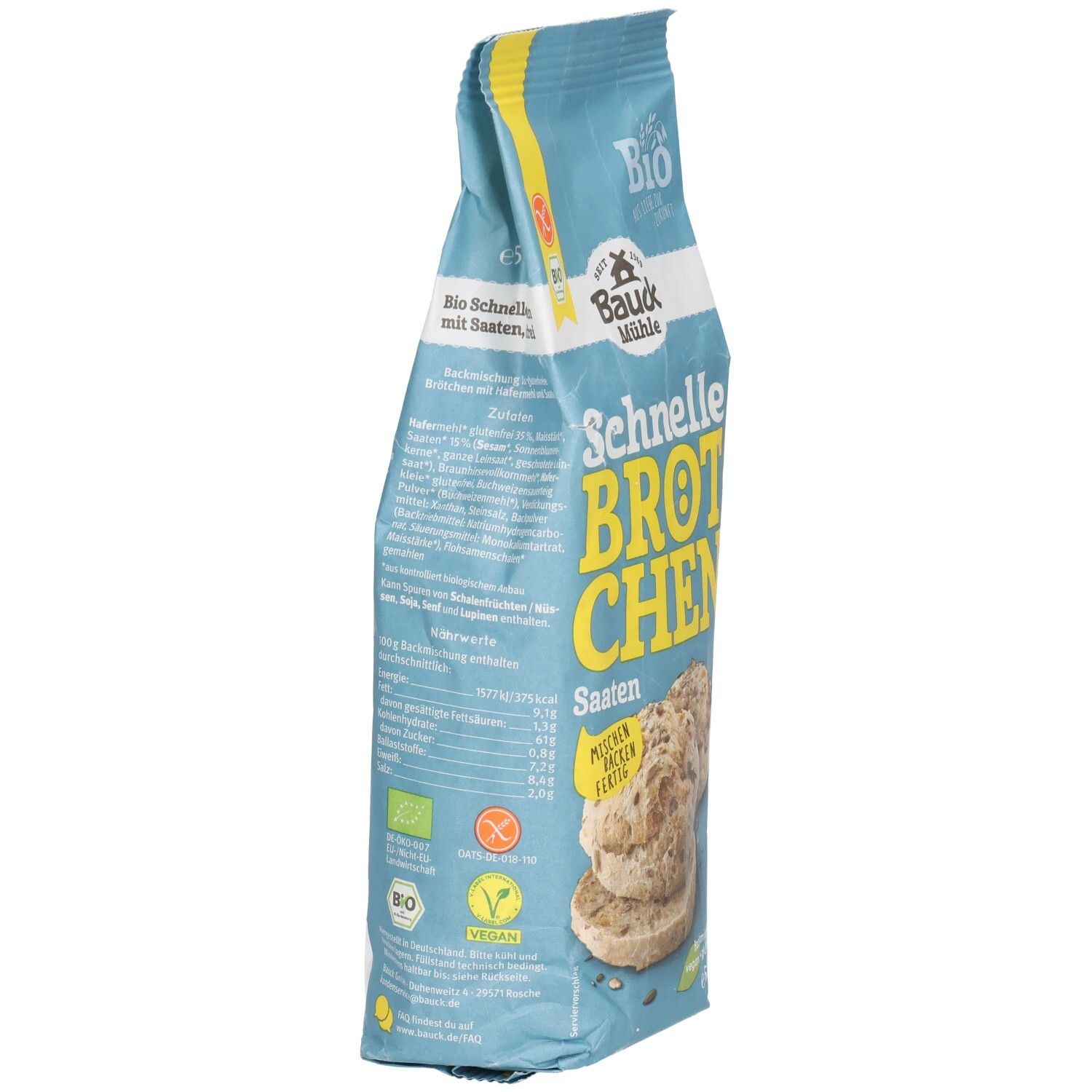 Verpackung von "Schnelle Brötchen Saaten" in Seitenansicht. Textliche Informationen, Bio-Siegel, glutenfrei-Symbol und Nährwertangaben.