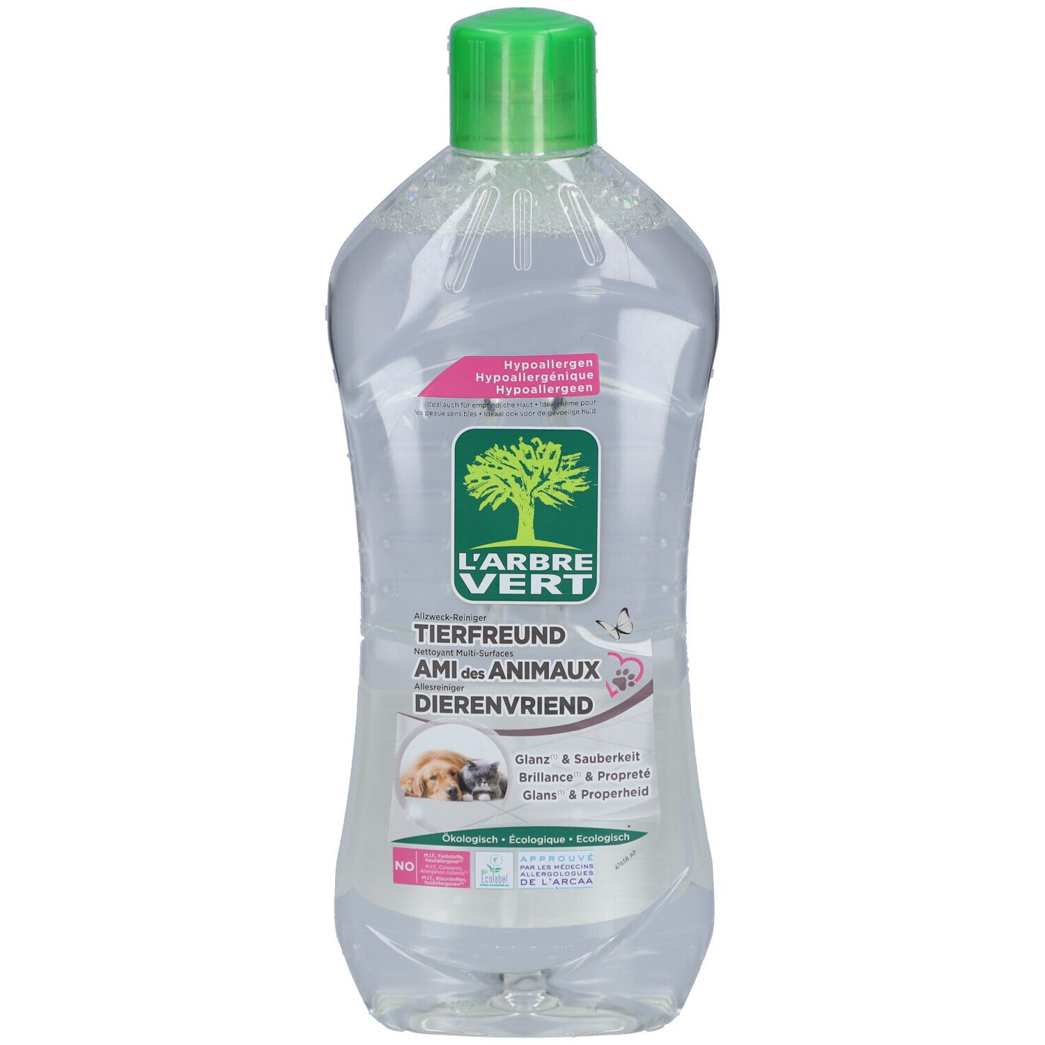 Transparente Flasche mit grünem Deckel. Etikett mit Logo und Schriftzug. Tierfreundlich.