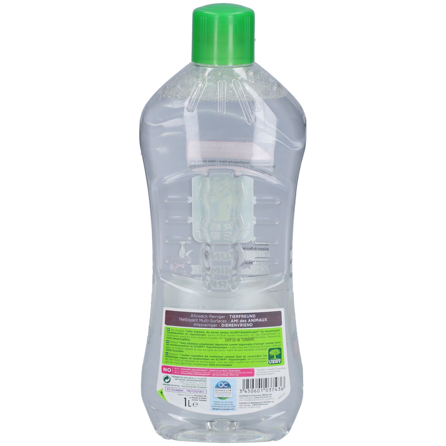 Transparente Flasche mit grünem Deckel. Rückseite mit Etikett und Text. 1L.