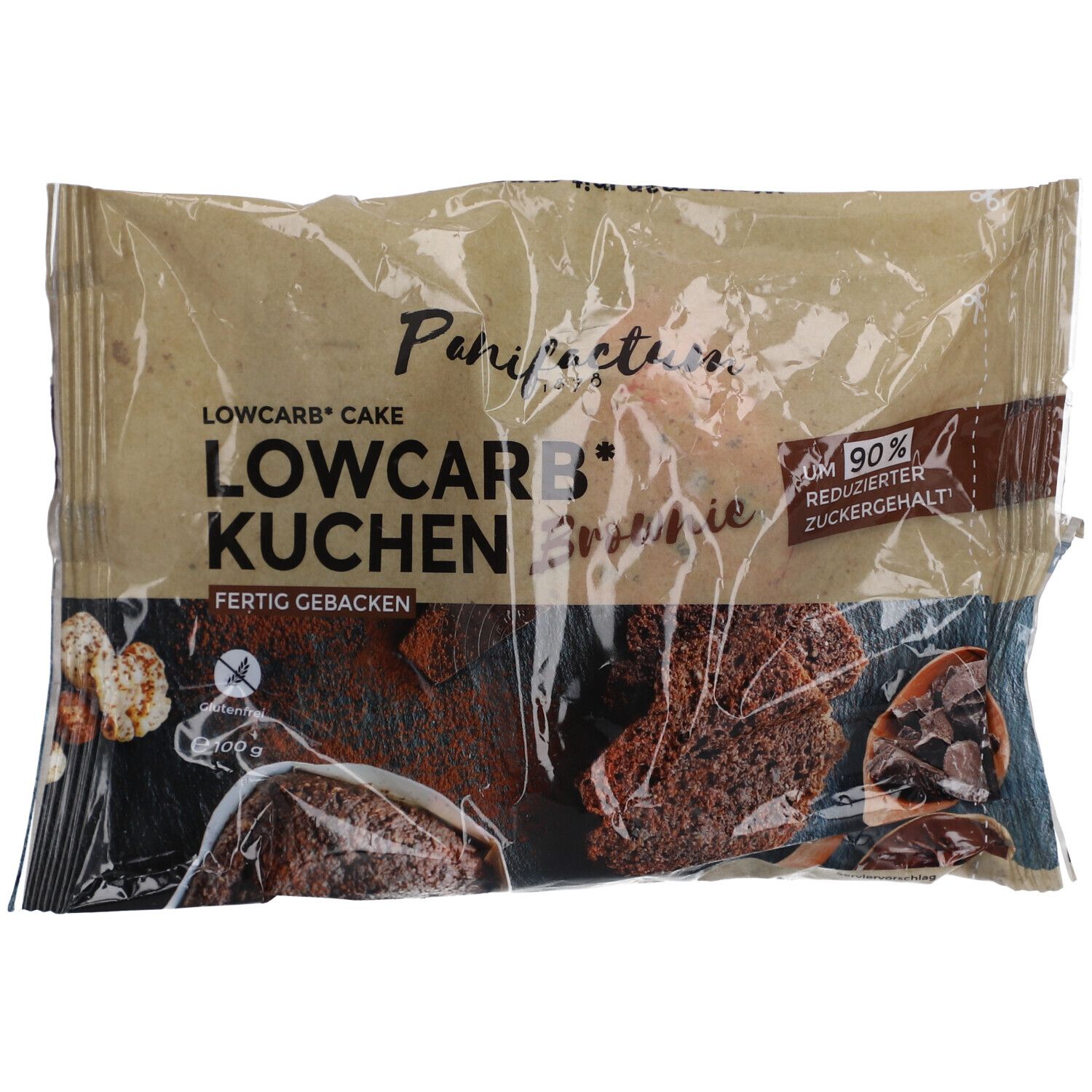 Emballage de Panifactum Low Carb Browniekuchen. Visible : morceaux de gâteau, logo, texte Low Carb Kuchen, 90% de sucre en moins.