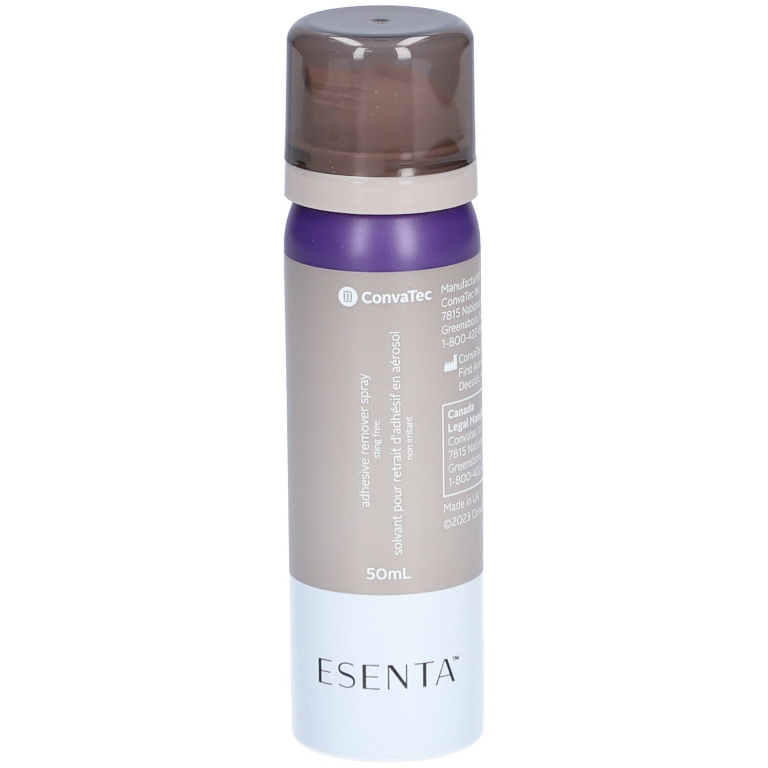 Sprayflasche mit braunem Deckel, lila und beigem Mittelteil, weißem Boden. Beschriftung: Esenta, ConvaTec.
