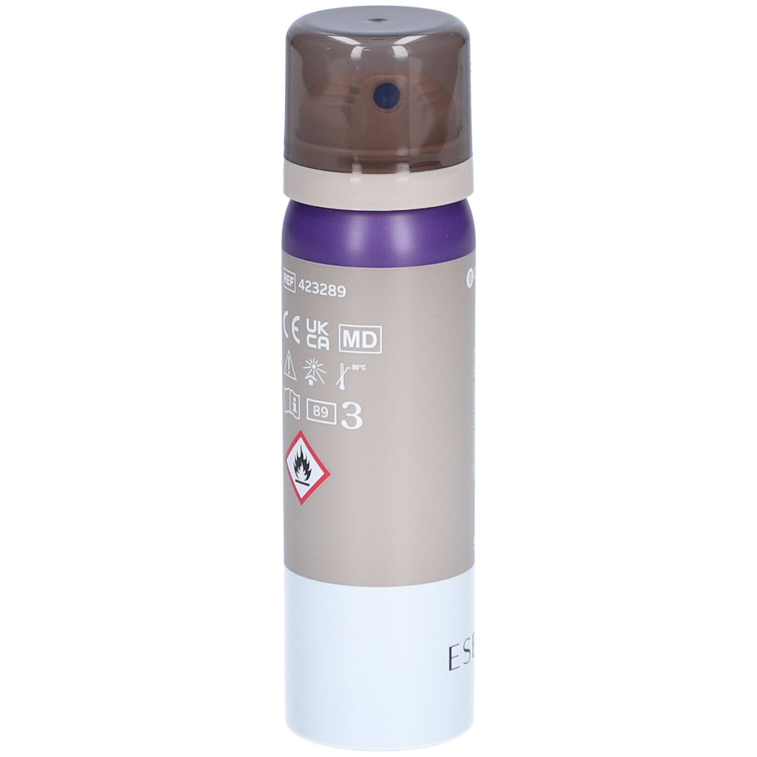 Sprayflasche mit braunem Deckel, lila und beigem Mittelteil, weißem Boden. Aufdrucke: CE, UKCA, MD, Flammen-Symbol.