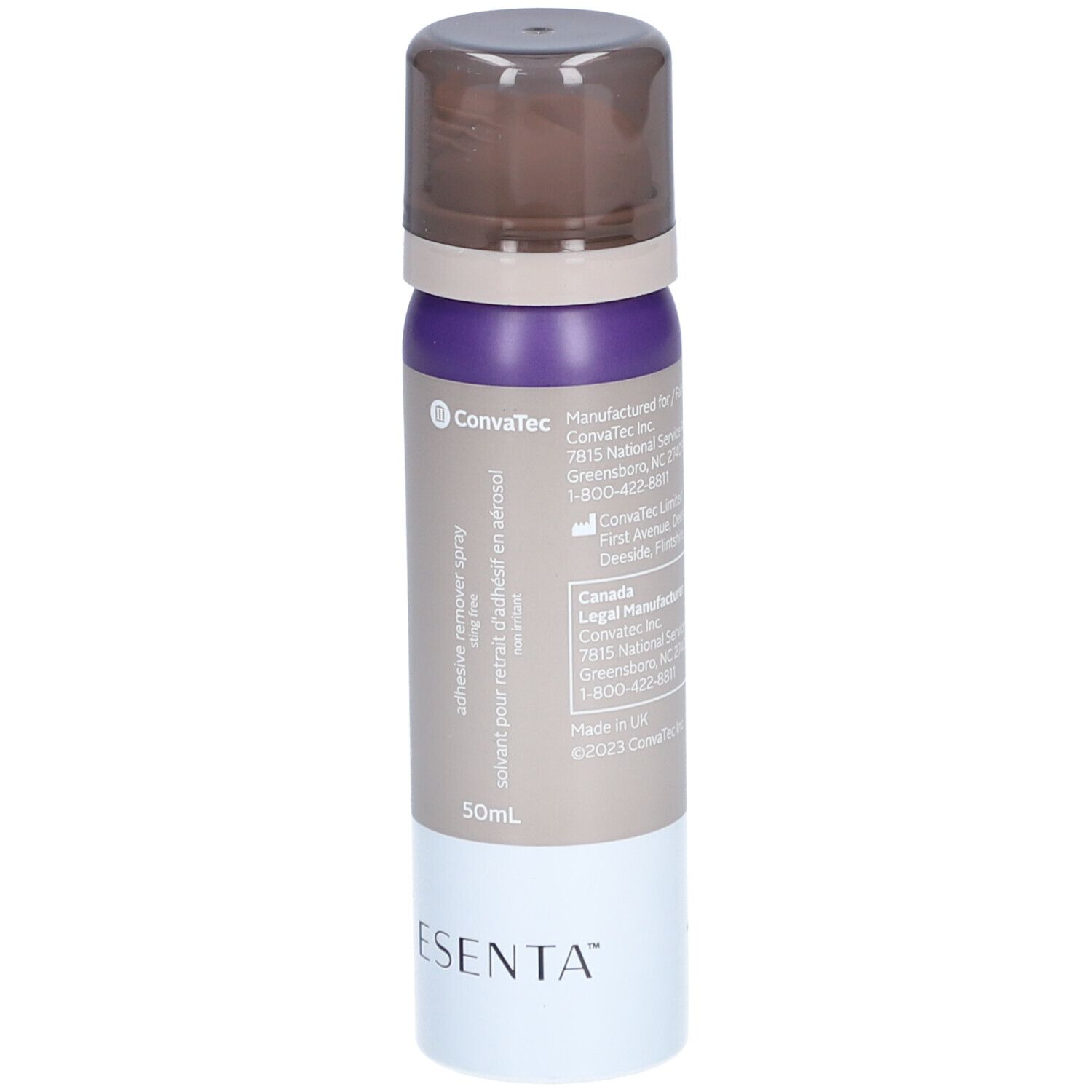 Sprayflasche mit braunem Deckel, lila und beigem Mittelteil, weißem Boden. Aufdrucke: ConvaTec, Esenta, 50ml.