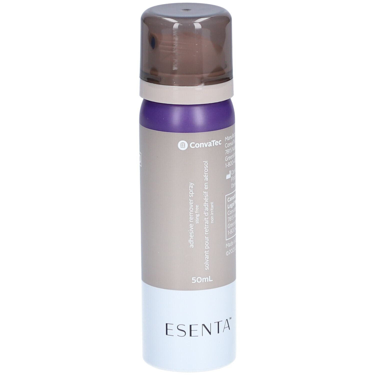 Sprayflasche mit braunem Deckel, lila und beigem Mittelteil, weißem Boden. Aufdrucke: ConvaTec, Esenta, 50ml.