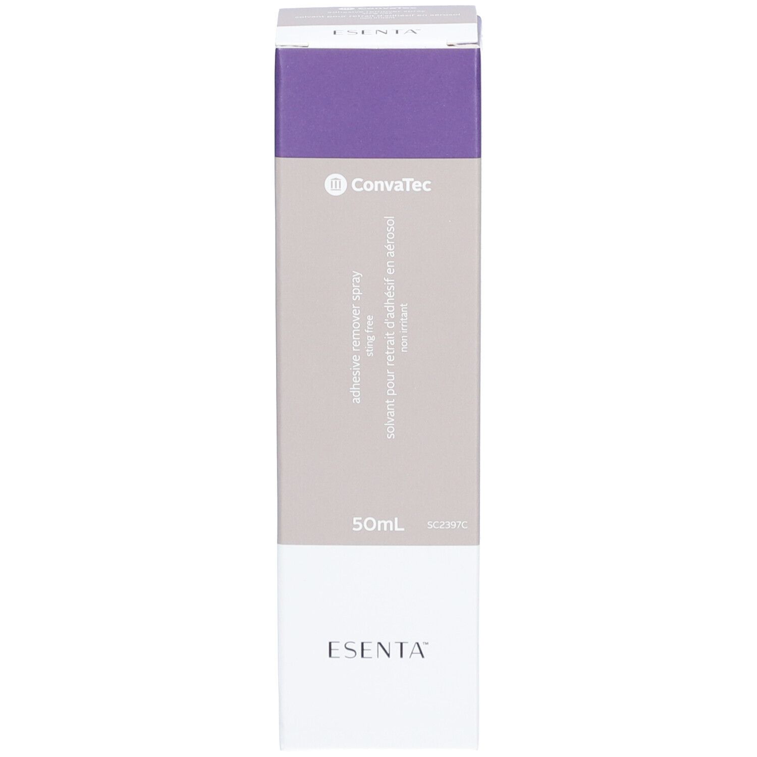 Schachtel, lila und weiß. Aufdrucke: ConvaTec, Esenta, 50ml.