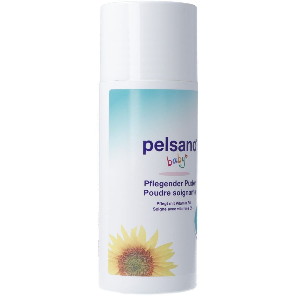 Boîte blanche avec couvercle. Inscription : pelsano baby® Pflegender Puder. Illustration de tournesol.