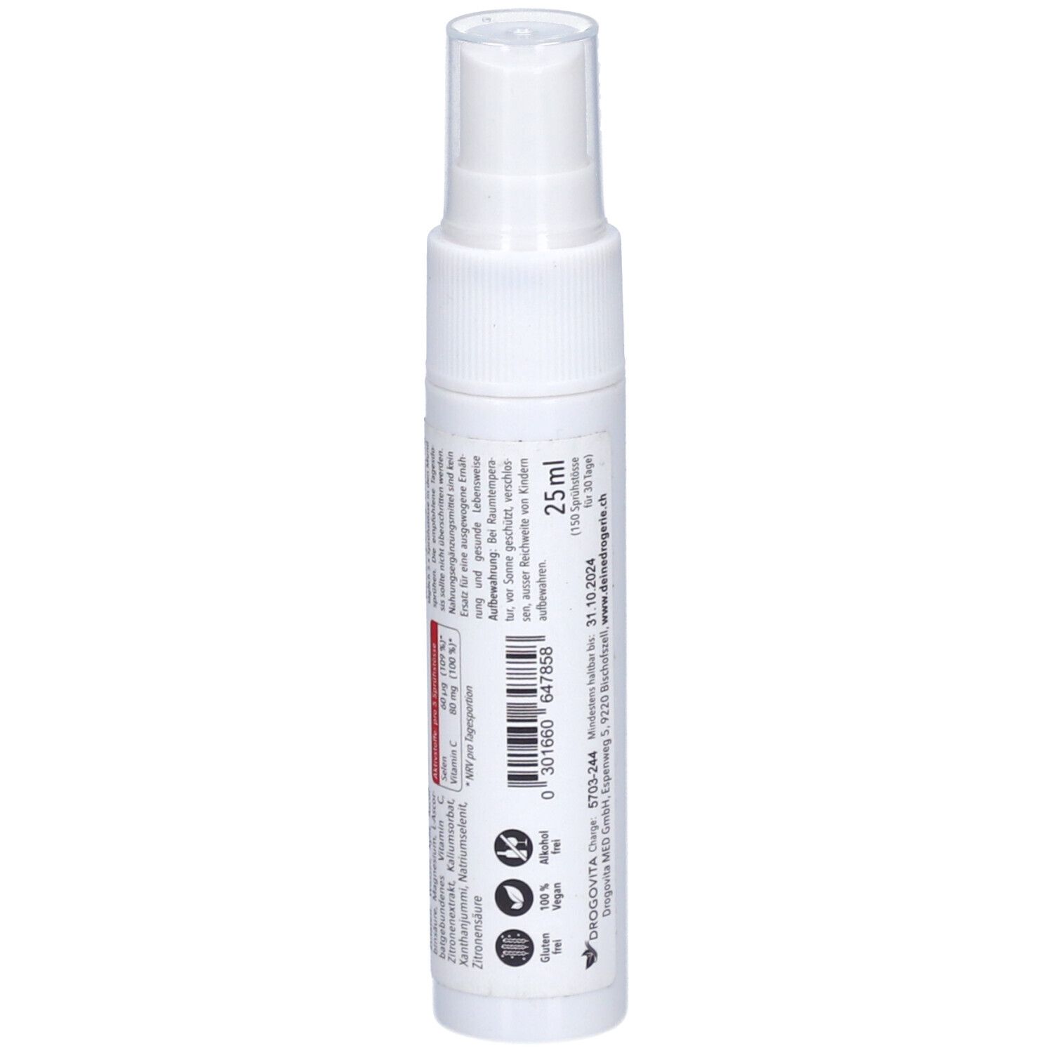 Weiße Sprühflasche. Aufschrift: 25ml. Text und Informationen auf der Rückseite.
