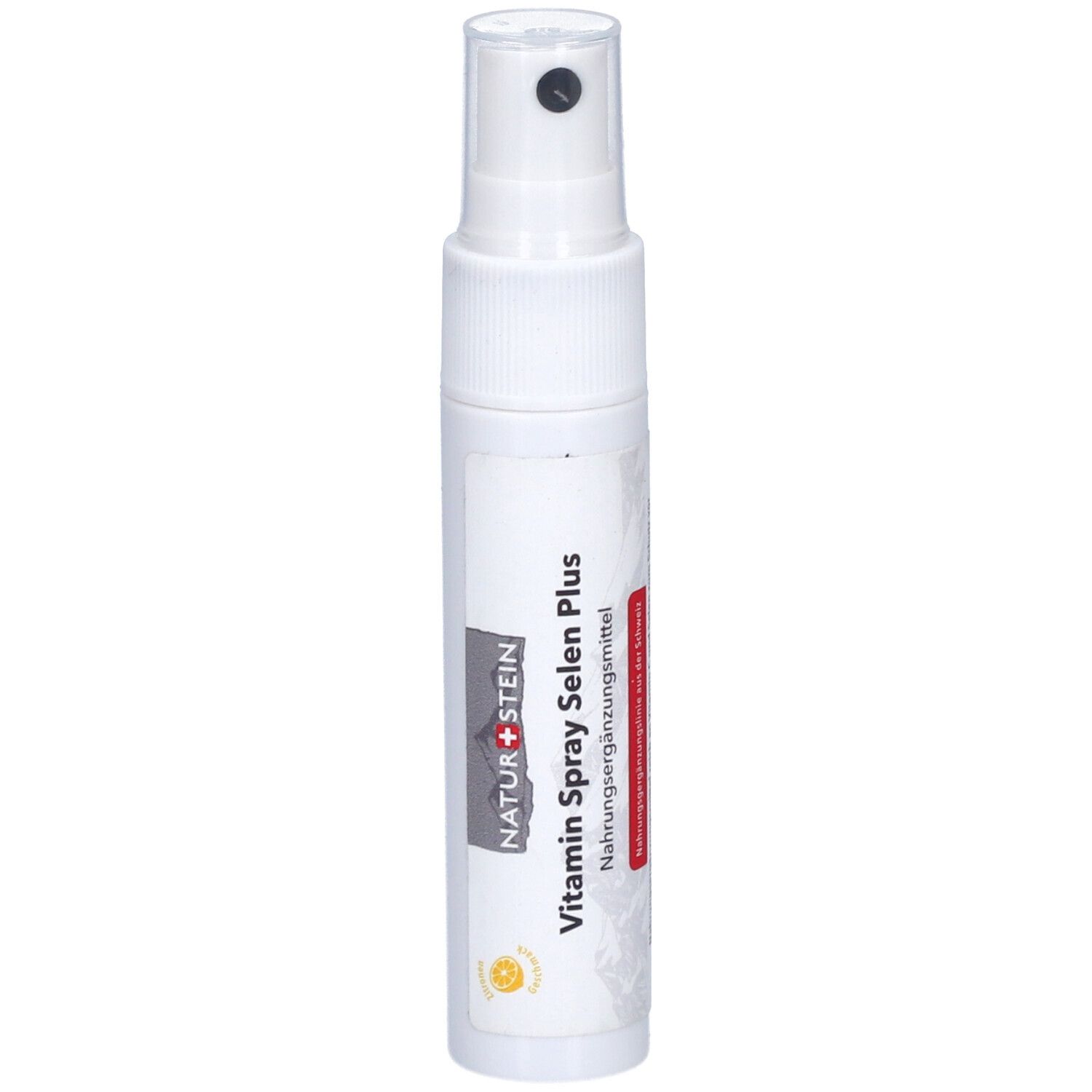 Weiße Sprühflasche mit schwarzem Sprühkopf. Beschriftung: NATUR+STEIN Vitamin Spray Selen Plus.