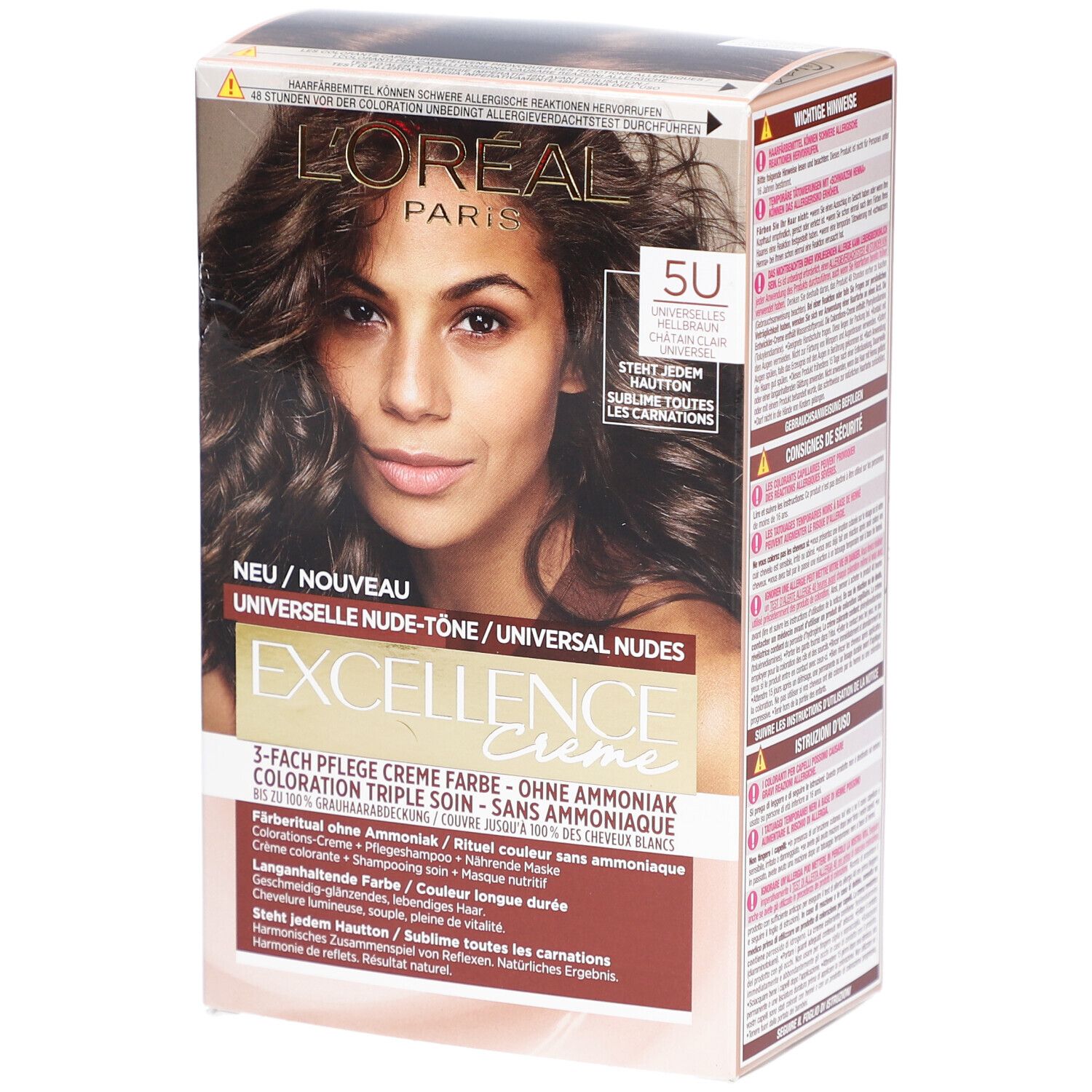 L'Oréal Paris Excellence Creme 5U, châtain clair. Boîte avec photo du produit et texte.