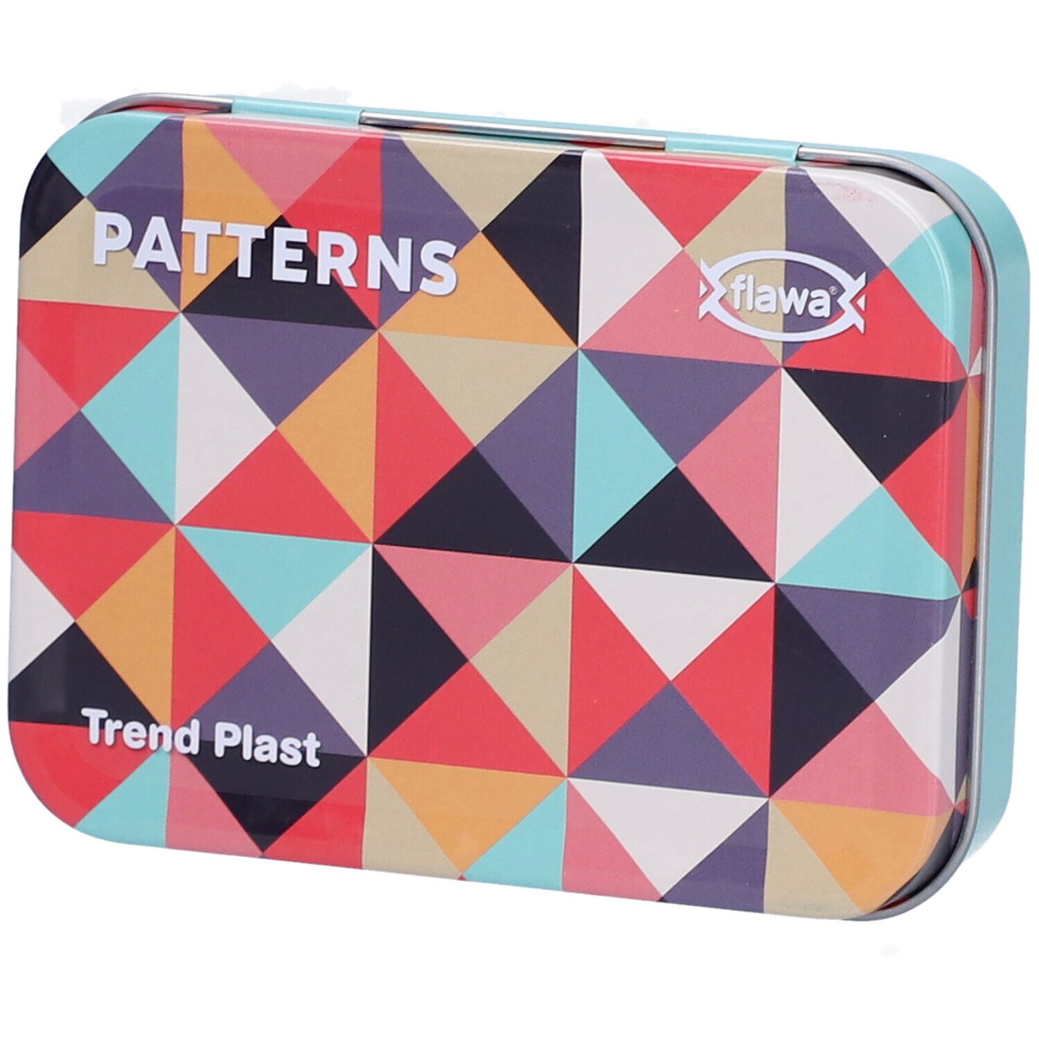 Rechteckige Metalldose mit geometrischem Muster. Aufschrift: PATTERNS, Trend Plast, Flawa-Logo.