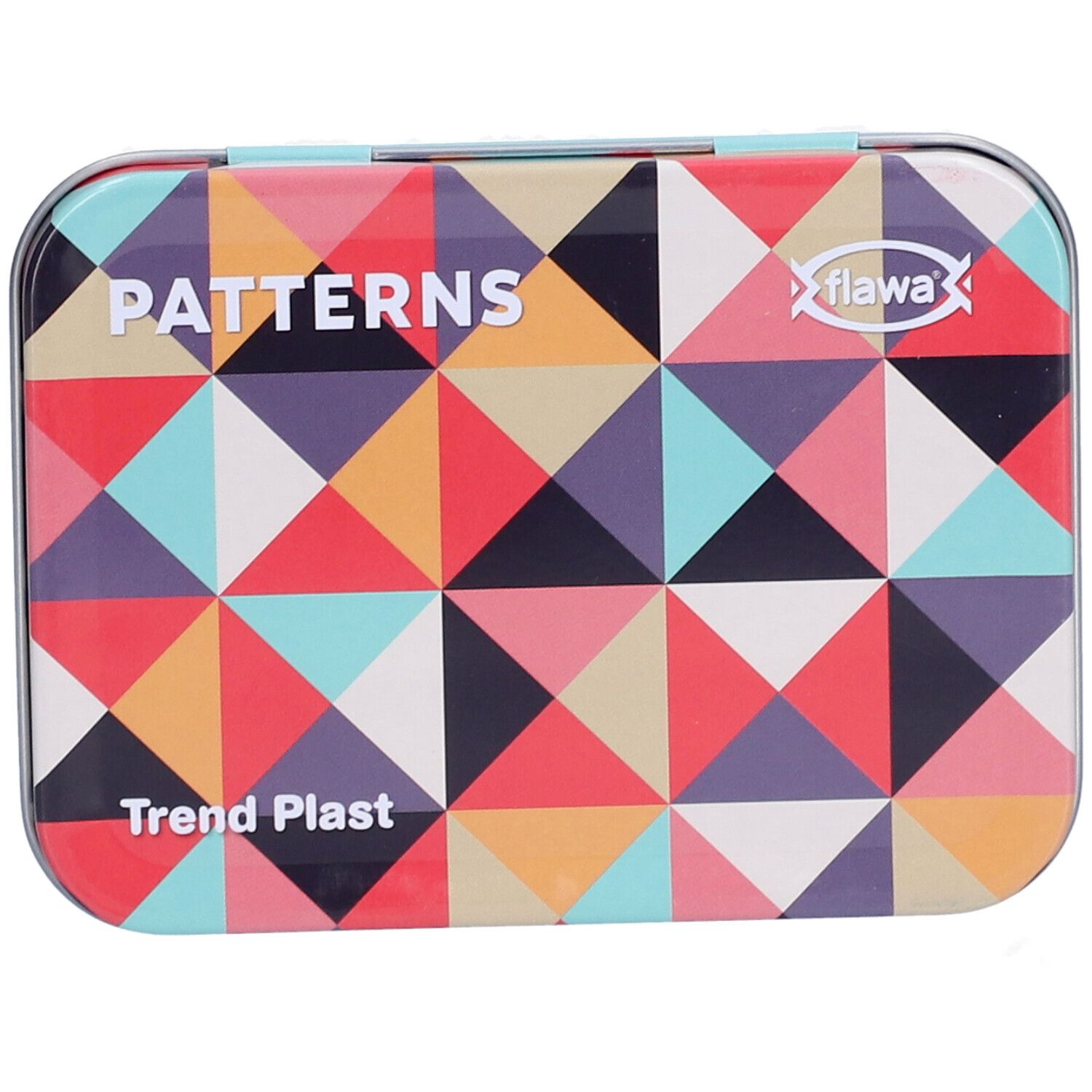 Rechteckige Metalldose mit geometrischem Muster. Aufschrift: PATTERNS, Trend Plast, Flawa-Logo.