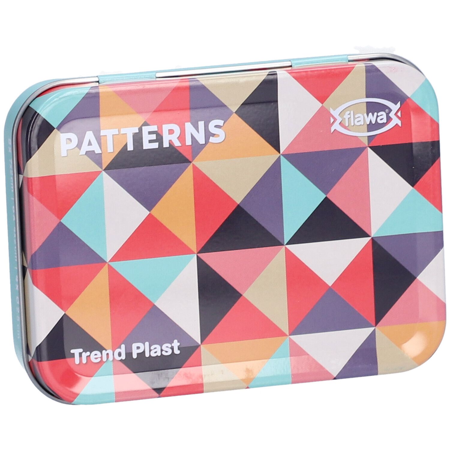 Rechteckige Metalldose mit geometrischem Muster. Aufschrift: PATTERNS, Trend Plast, Flawa-Logo.