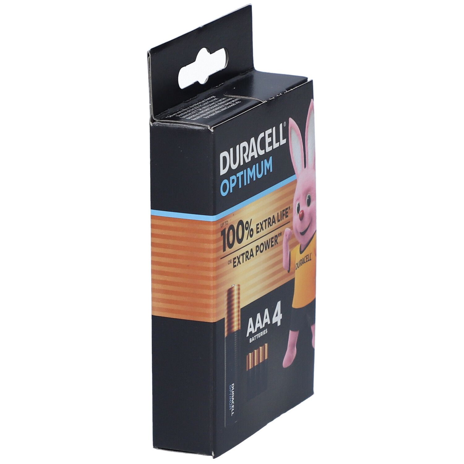 DURACELL Optimum AAA Batterien-Verpackung, Seitenansicht. Schwarze Verpackung mit Produktinformationen.