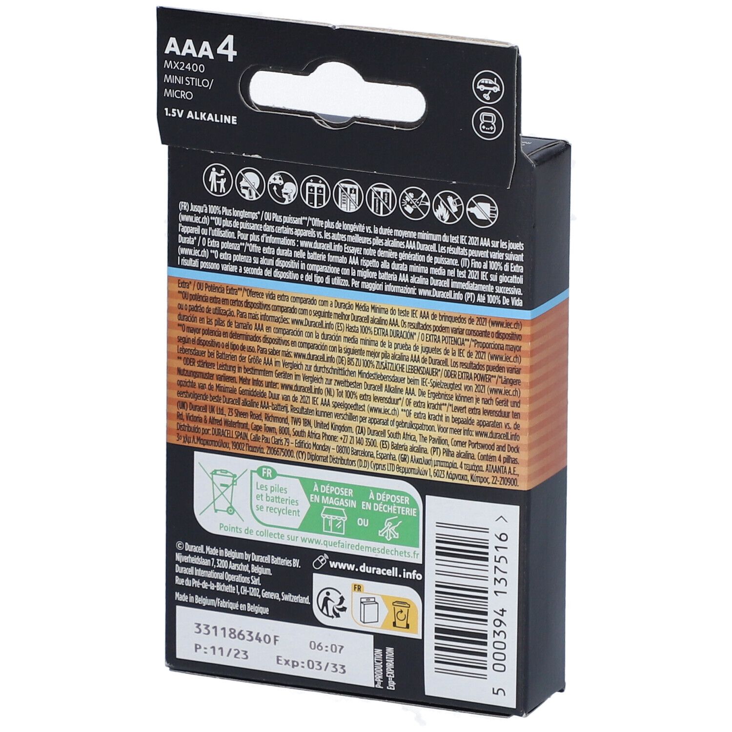 Rückseite der DURACELL Optimum AAA Batterien-Verpackung. Textinformationen, Recycling-Hinweise und Haltbarkeitsdatum.