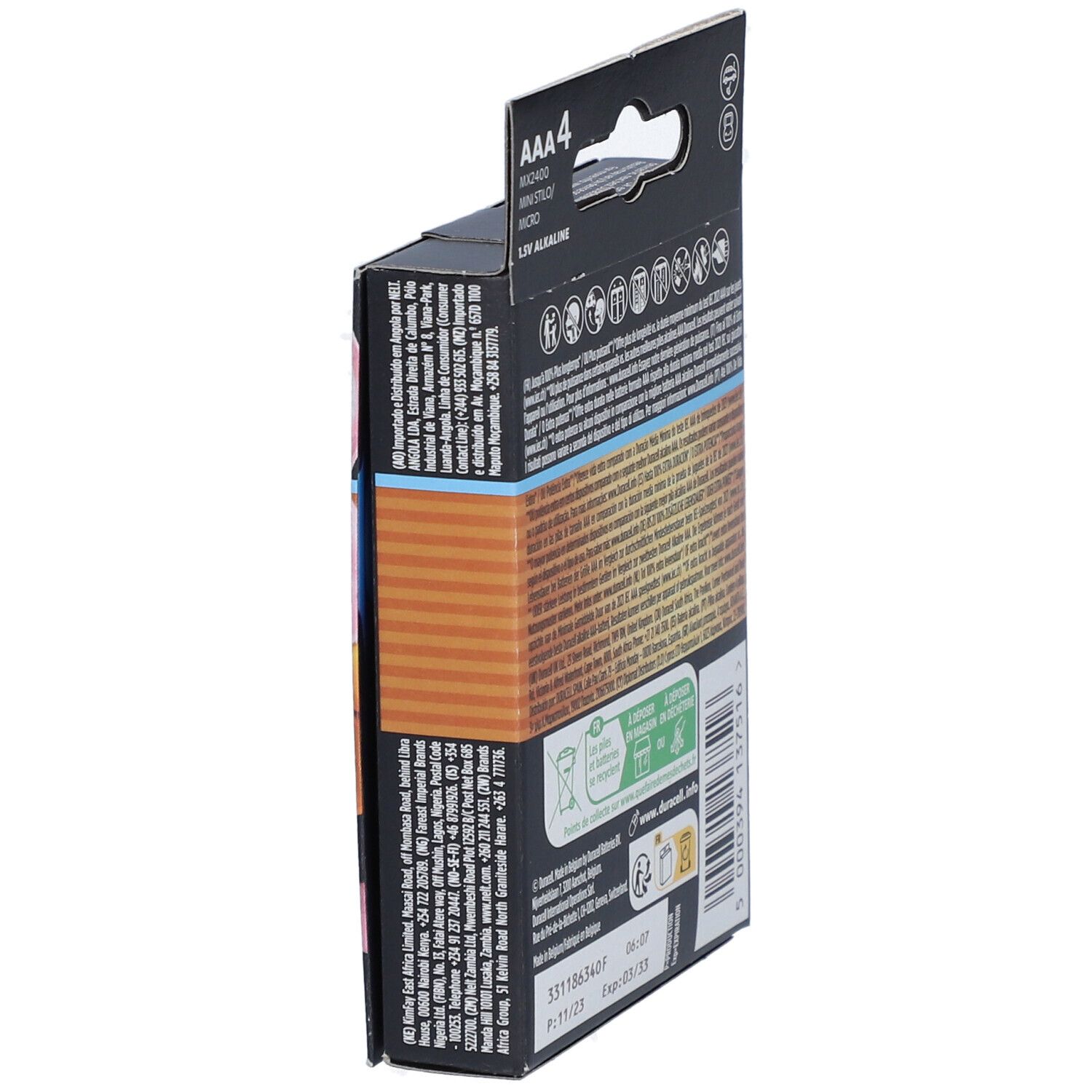 Seitenansicht der DURACELL Optimum AAA Batterien-Verpackung. Textinformationen und Recycling-Hinweise.