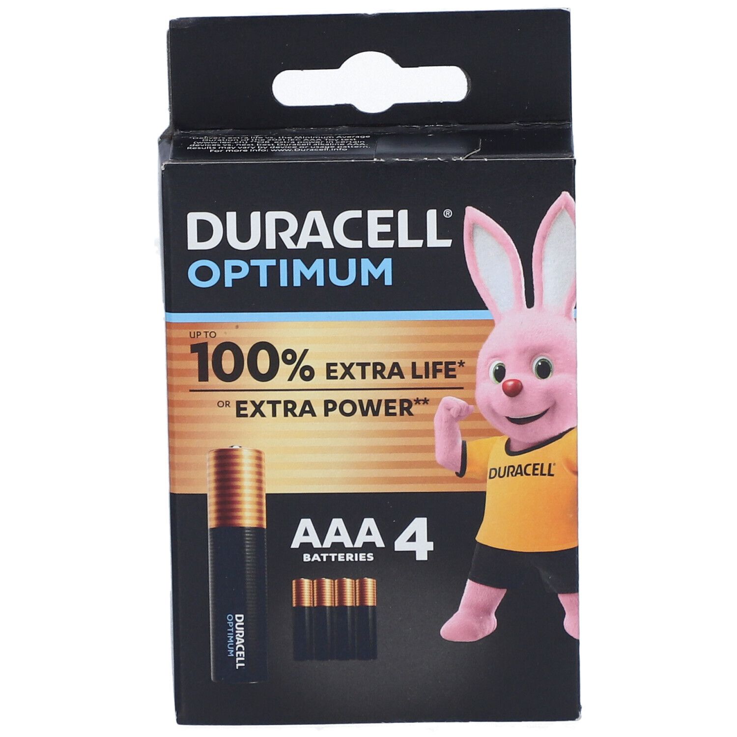 DURACELL Optimum AAA Batterien, 4 Stück. Schwarze Verpackung mit rosa Hase und Produktinformationen.