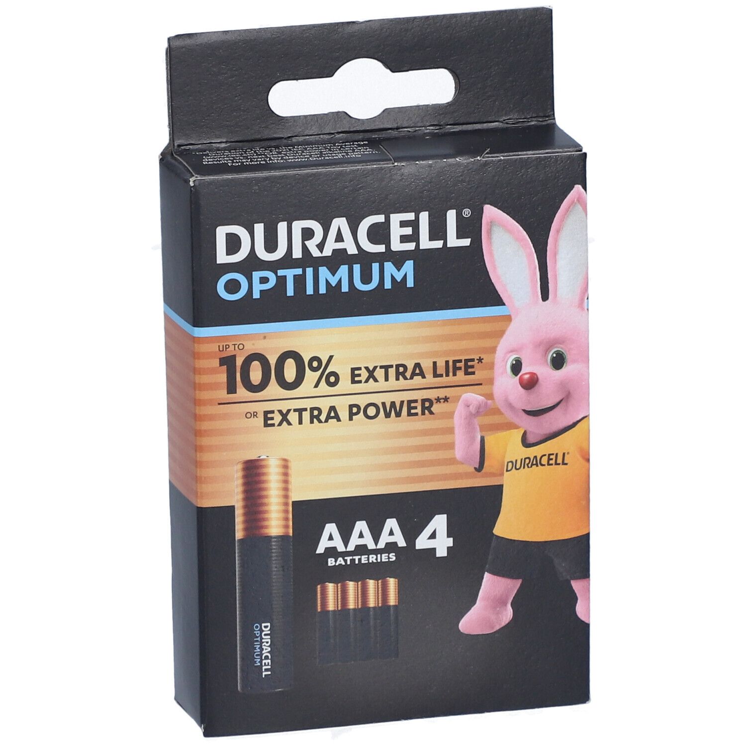 DURACELL Optimum AAA Batterien, 4 Stück. Schwarze Verpackung mit rosa Hase und Produktinformationen.