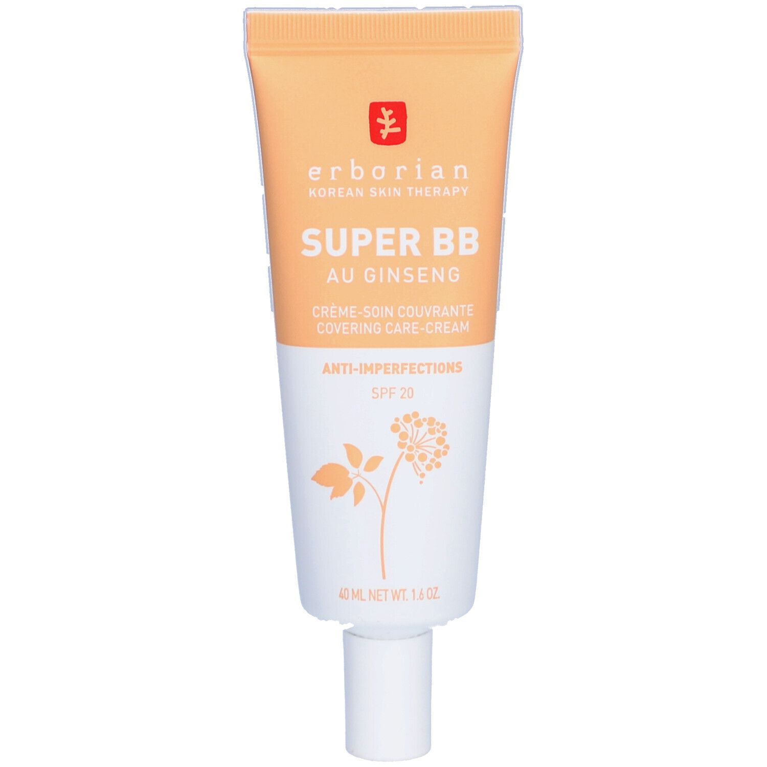 Creme-Tube mit Aufschrift 'Erborian Super BB Au Ginseng'. Enthält 40 ml. SPF 20. Farbe: Dore.