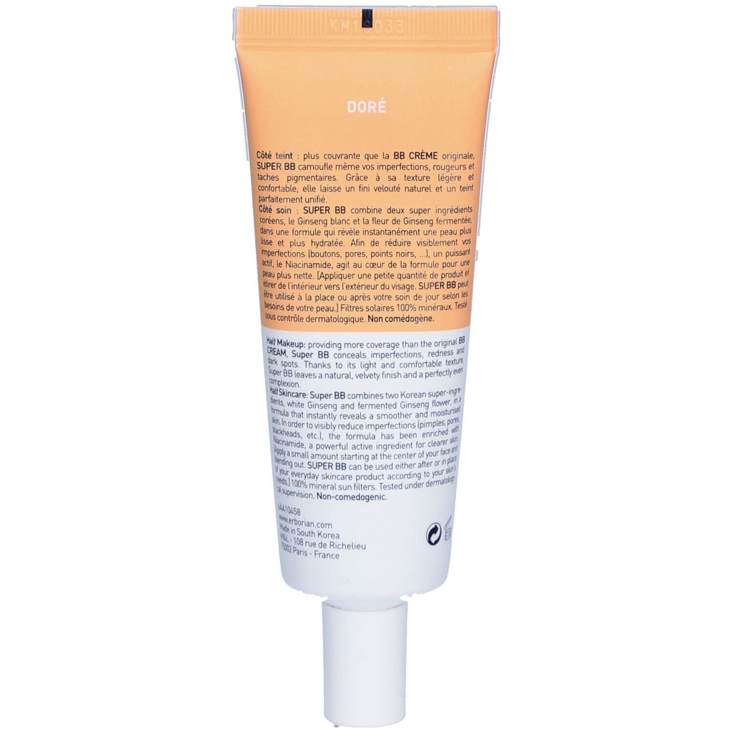 Rückseite der Creme-Tube 'Erborian Super BB'. Text in mehreren Sprachen. Enthält Informationen zum Produkt.