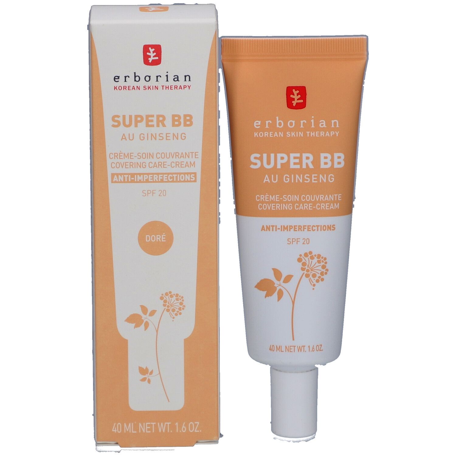 Produktverpackung mit Creme-Tube 'Erborian Super BB Au Ginseng'. Enthält 40 ml. SPF 20. Farbe: Dore.