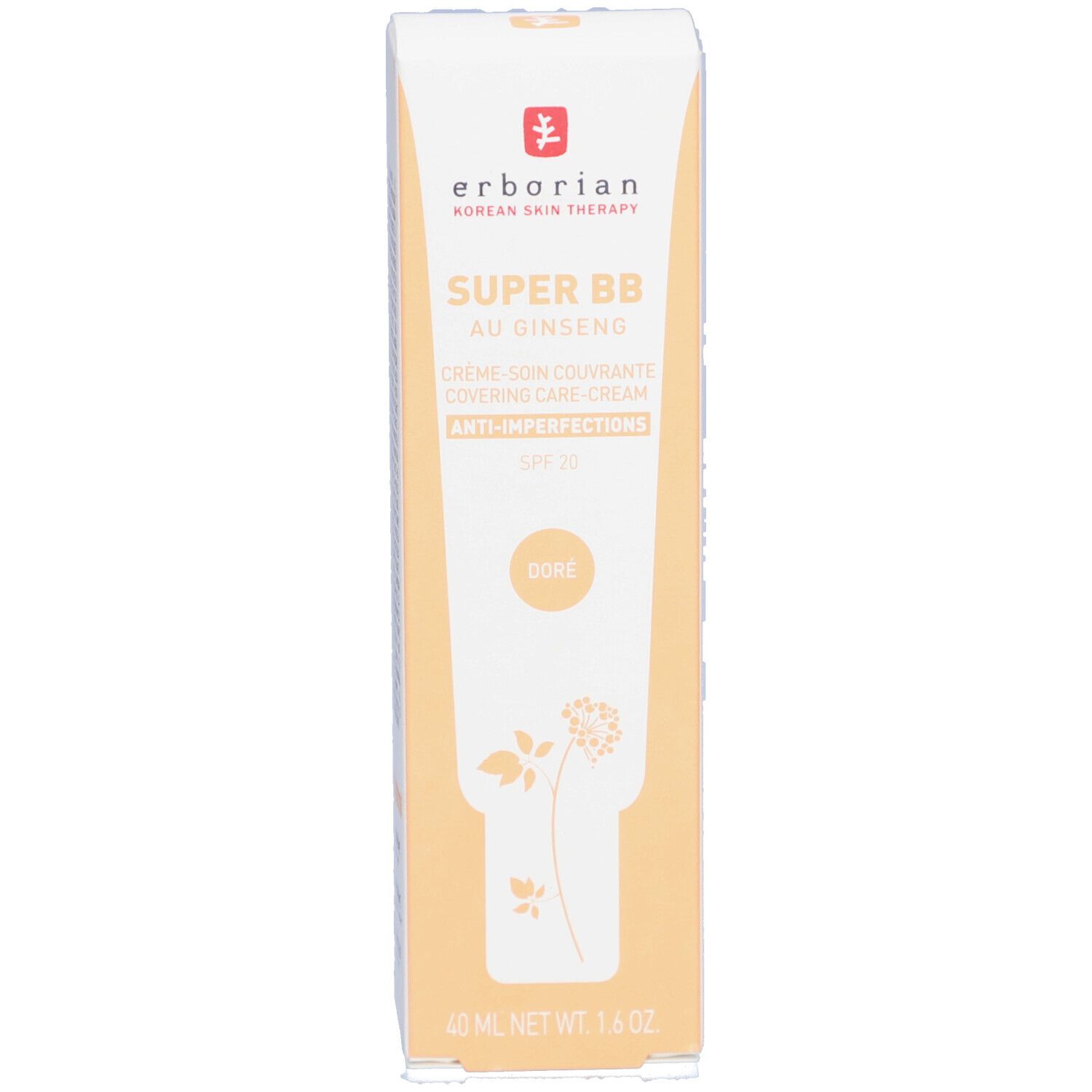 Produktverpackung 'Erborian Super BB Au Ginseng'. Enthält 40 ml. SPF 20. Farbe: Dore.