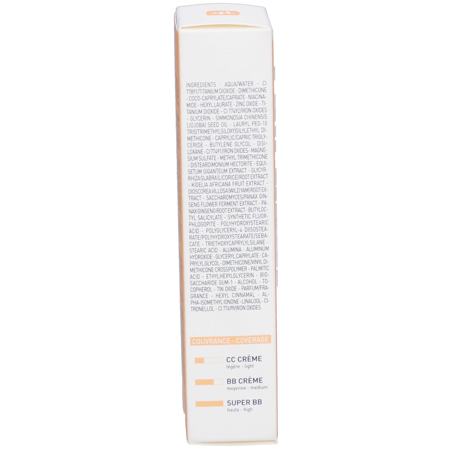 Produktverpackung mit Inhaltsstoffen und Informationen. 'CC Creme' und 'BB Creme' sind ebenfalls aufgeführt.