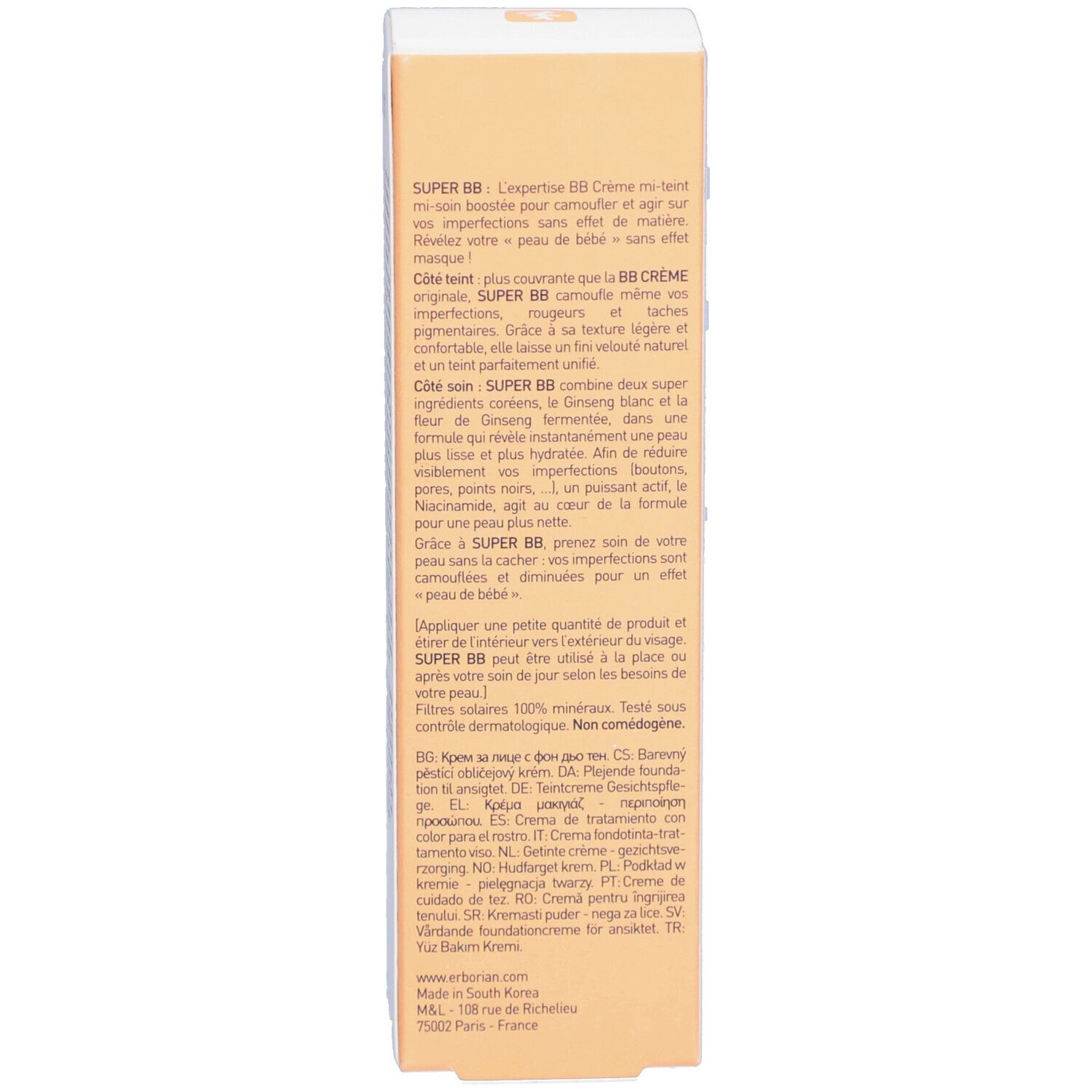 Produktverpackung mit Text in mehreren Sprachen. Enthält Informationen zur Anwendung und Inhaltsstoffen.
