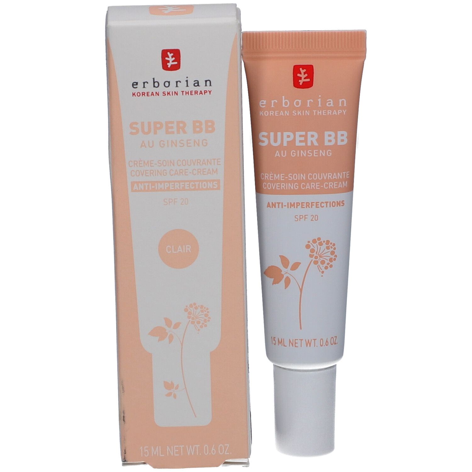Emballage et tube du produit. Emballage avec inscriptions. Tube avec inscriptions. Contient du ginseng. Teinte : Clair.
