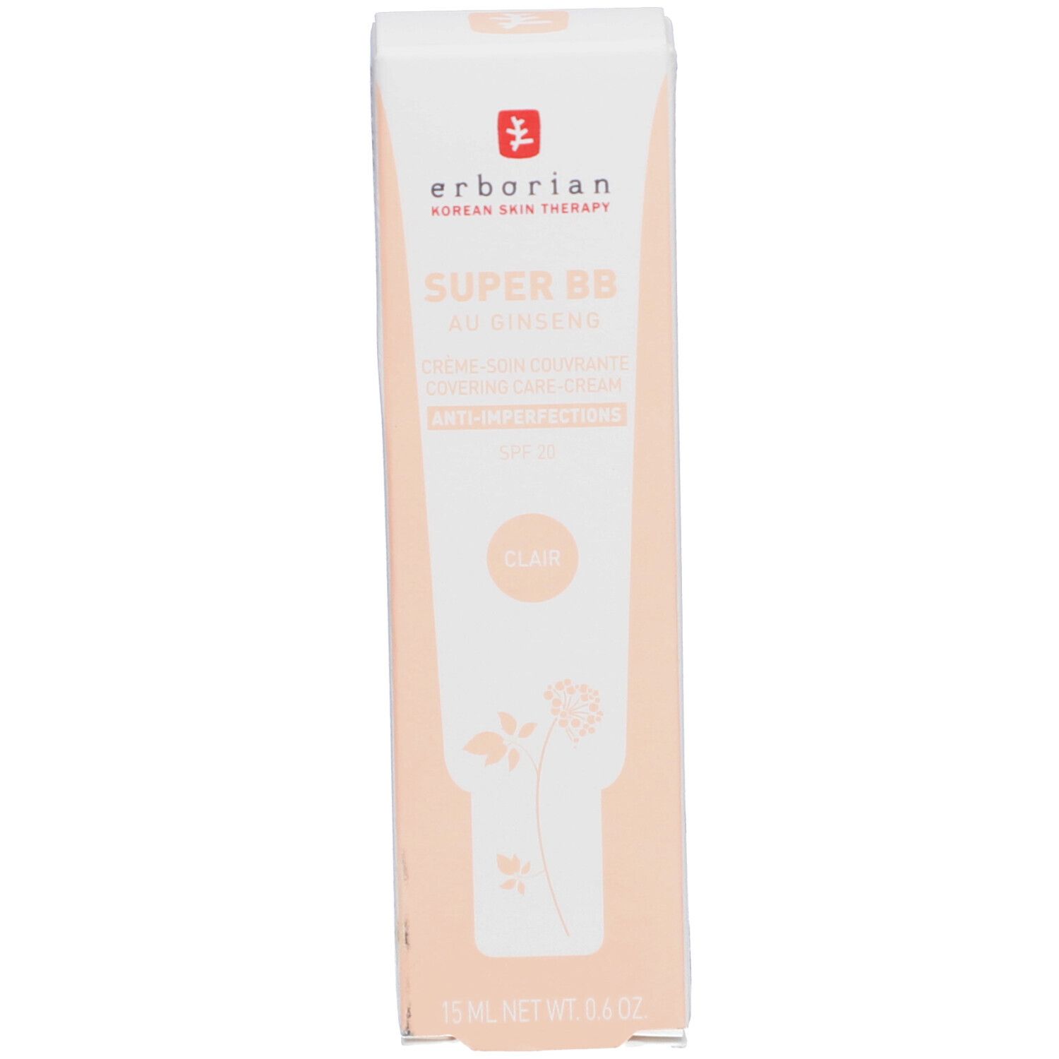 Emballage du produit. Inscriptions. Contient du ginseng. Teinte : Clair. Avec SPF 20.