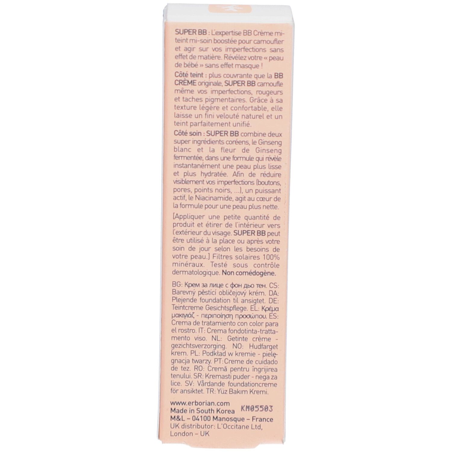 Emballage du produit. Texte en plusieurs langues. Contient des informations sur le produit.