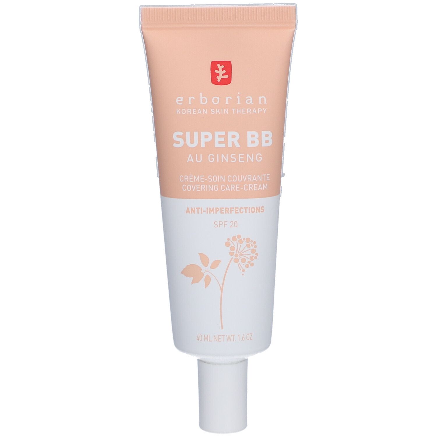 Tube de crème Erborian Super BB, SPF 20. Design rose et blanc, nom du produit et logo clairement visibles.
