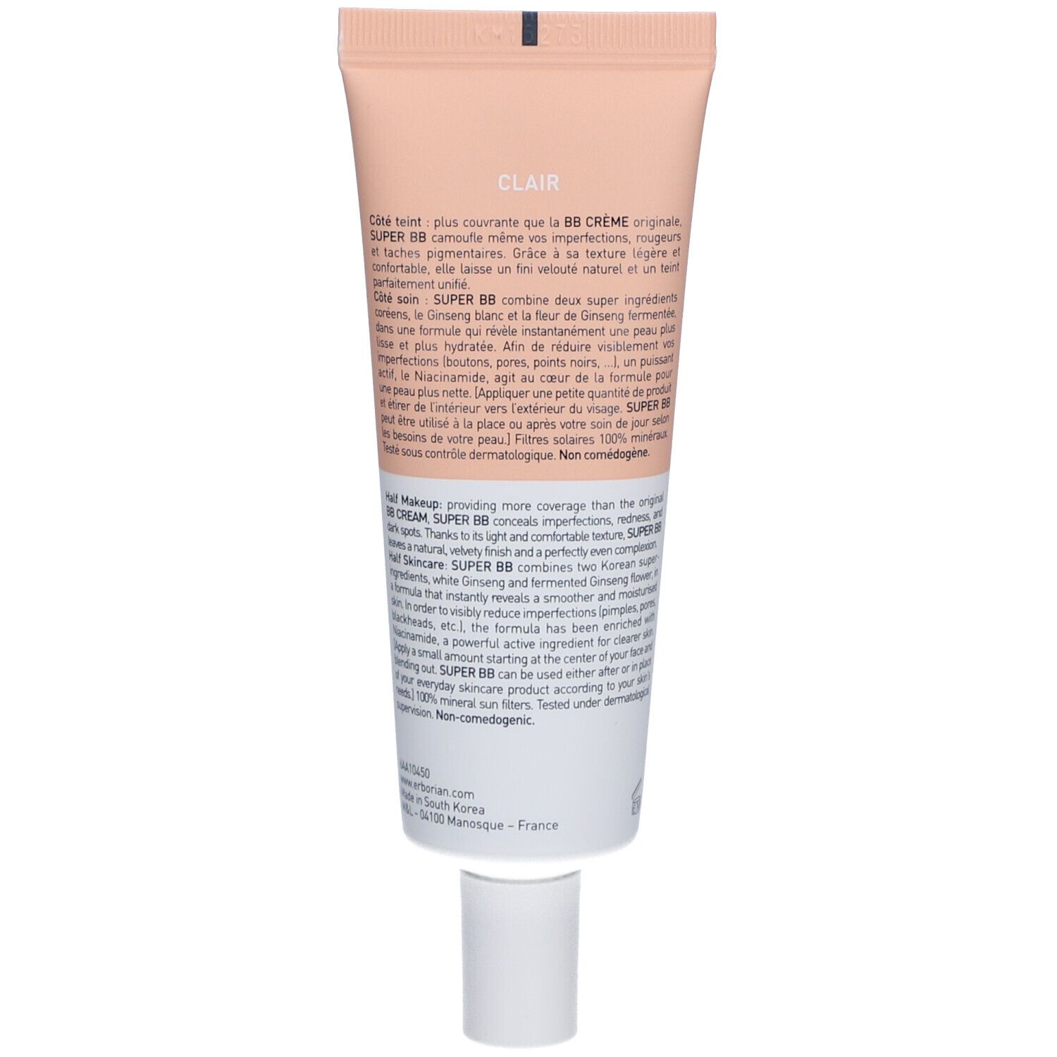 Dos du tube de crème. Texte multilingue, comprenant informations sur le produit et ingrédients.