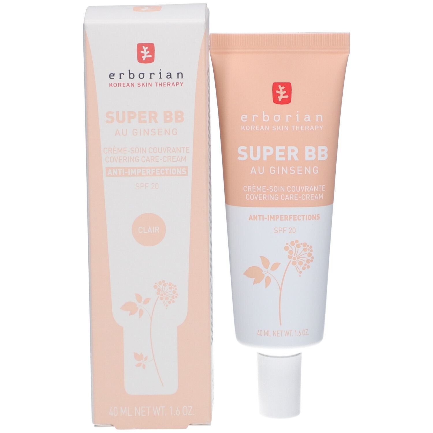 Emballage du produit avec tube de crème et boîte. Erborian Super BB, SPF 20, clairement visible. Design rose et blanc.