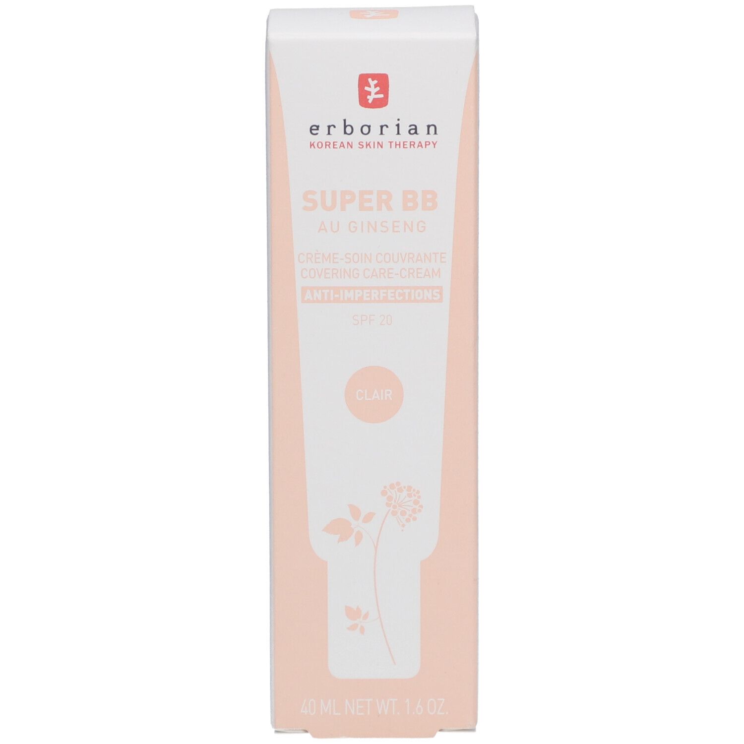Emballage en carton pour la crème Erborian Super BB. Design rose et blanc, nom du produit et logo clairement visibles.