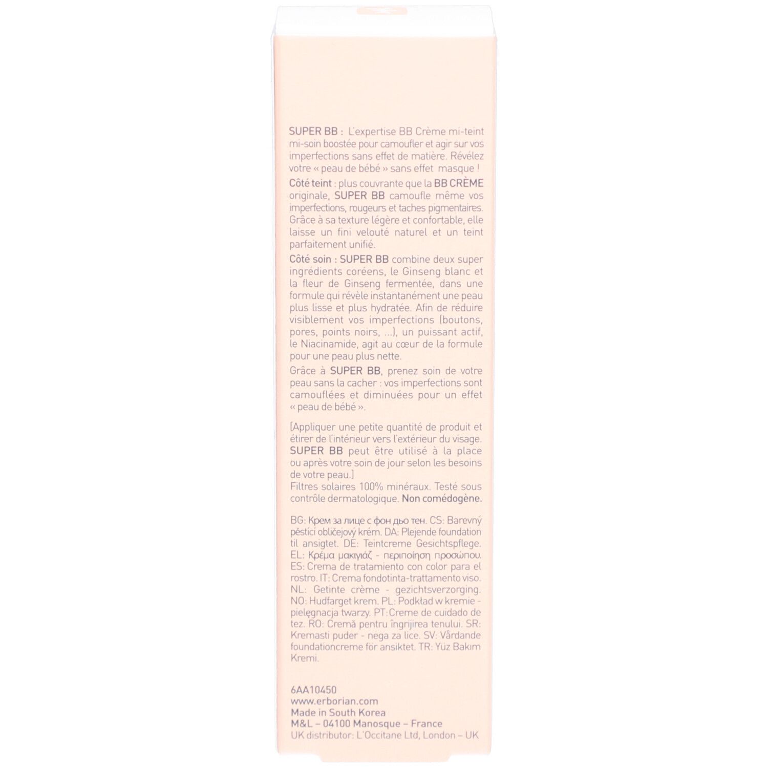Côté de l'emballage en carton avec description du produit et instructions d'utilisation. Texte multilingue.