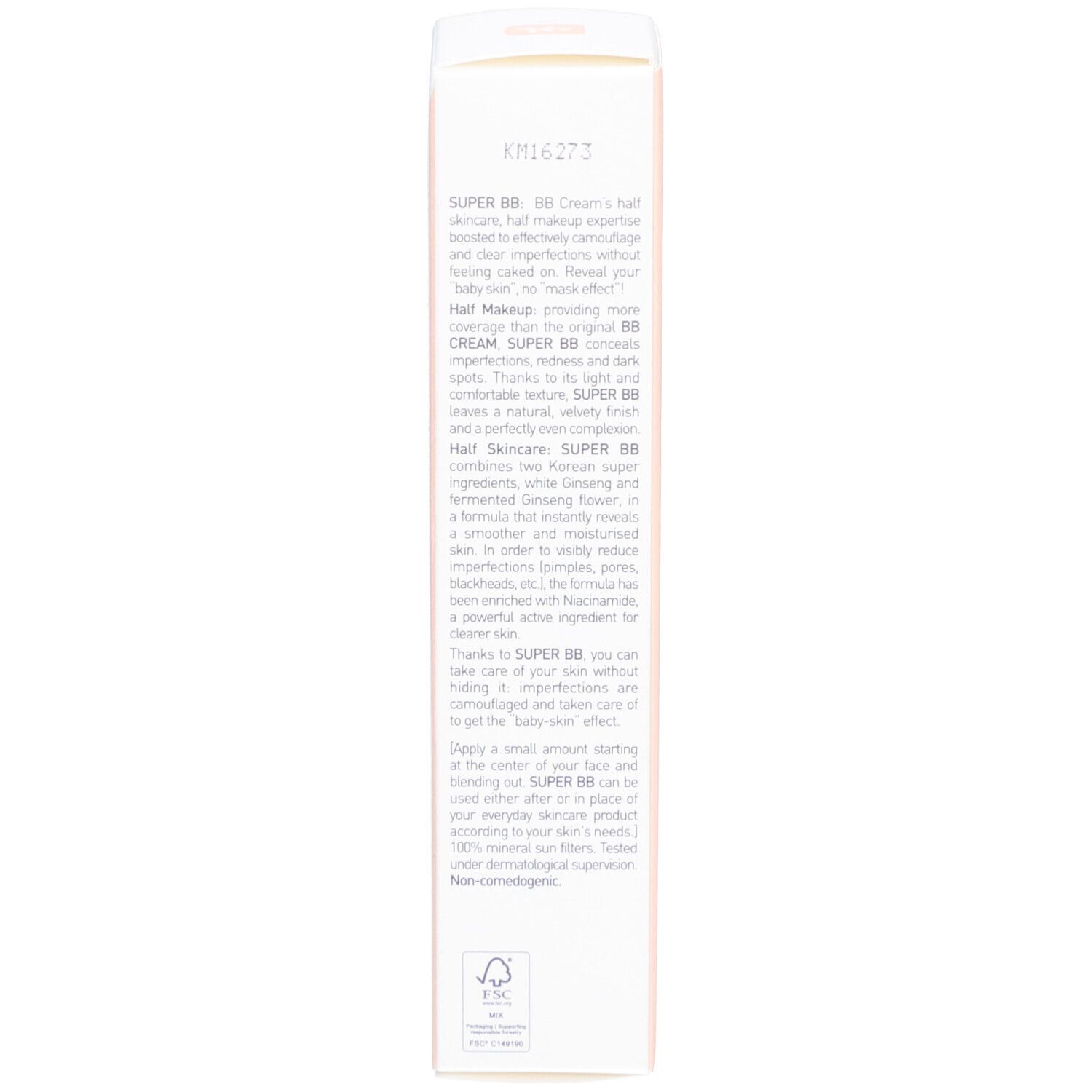 Côté de l'emballage en carton avec informations sur le produit et coordonnées du fabricant. Texte multilingue.