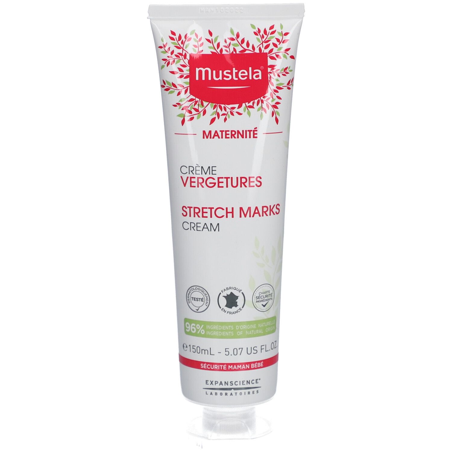 Tube blanc avec bouchon rouge. Inscription: Mustela, Crème Vergetures, Stretch Marks Cream. 96% ingrédients d'origine naturelle.