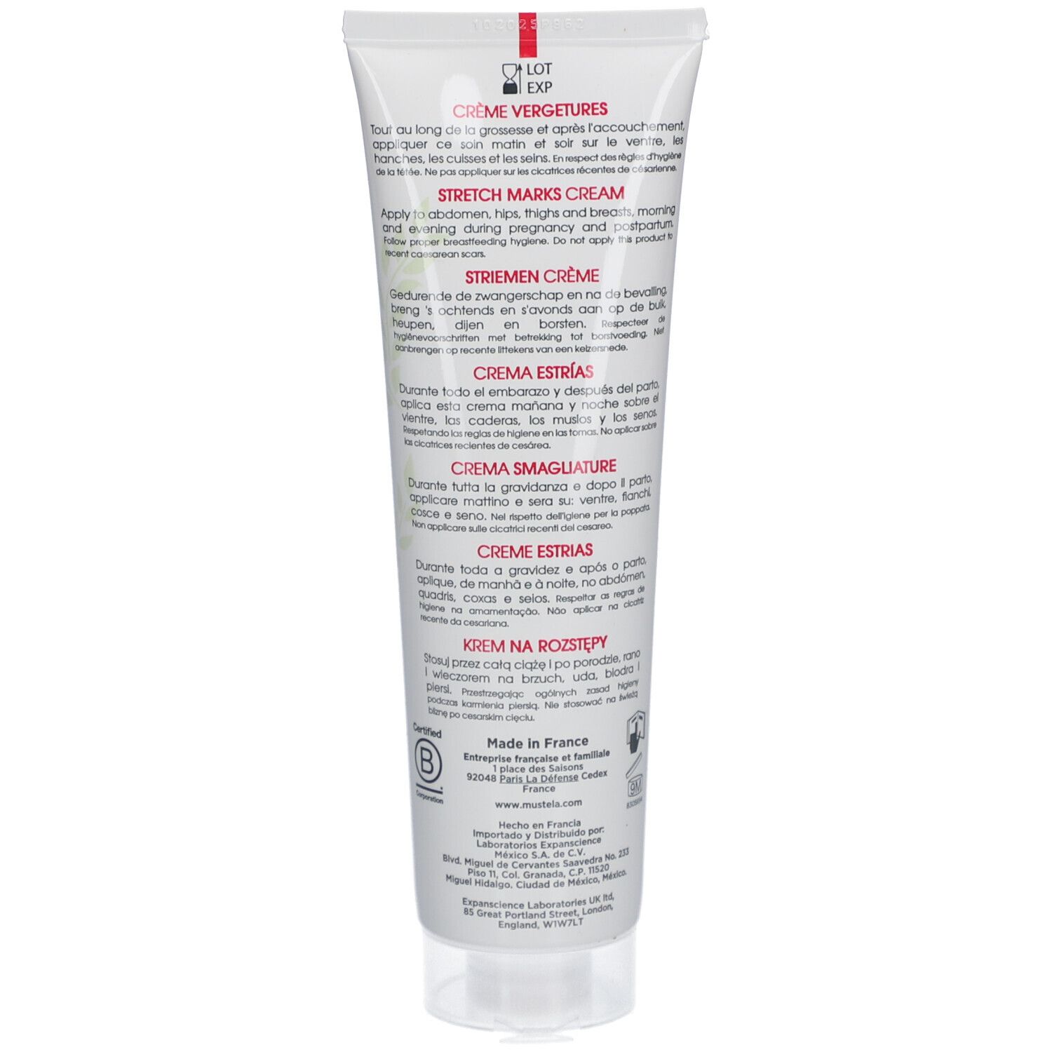 Dos du tube. Texte en plusieurs langues: Crème Vergetures, Stretch Marks Cream, Stremen Crème, Crema Estrias, Crema Smagliature.