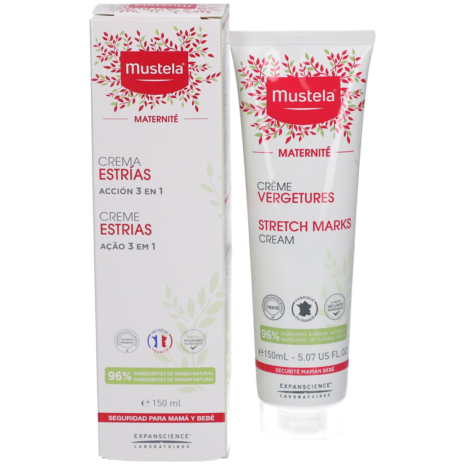 Emballage et tube. Emballage: blanc avec logo rouge, inscription: Crème Estrias, Action 3 en 1. Tube: blanc, Mustela, Crème Vergetures.