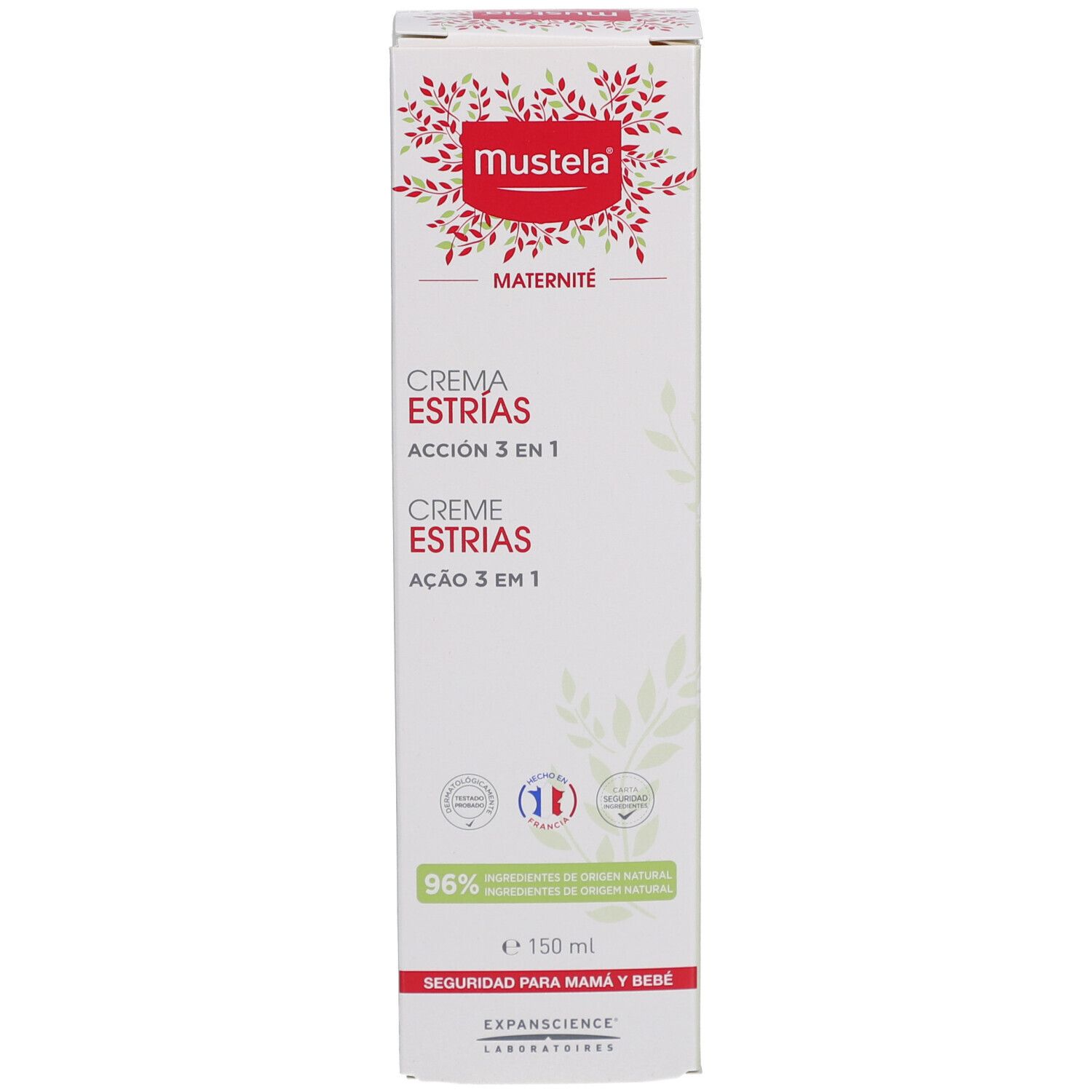 Emballage blanc. Inscription: Crème Estrias, Action 3 en 1. Logo: Mustela. 96% ingrédients d'origine naturelle. 150 ml.