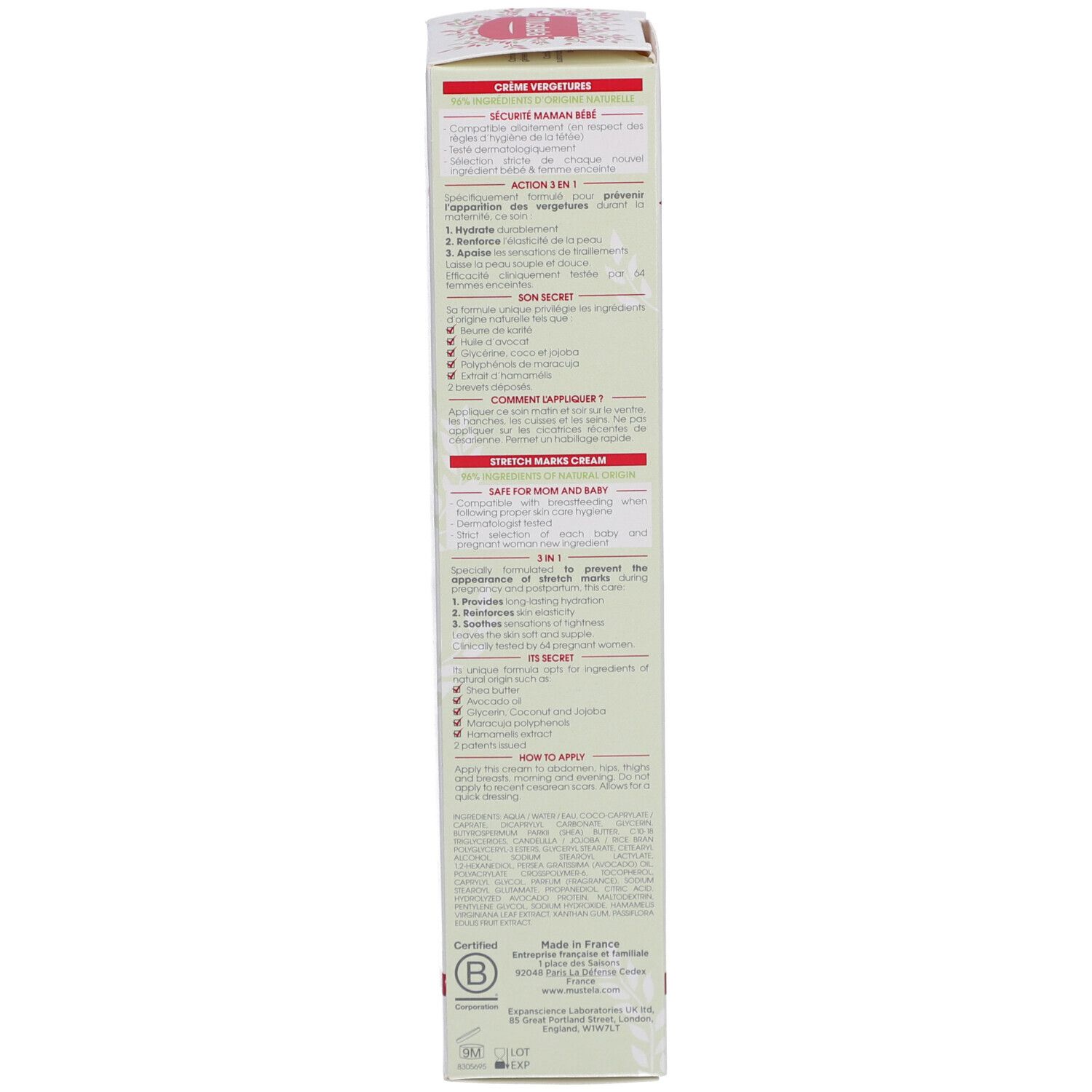 Dos de l'emballage. Texte en plusieurs langues. Logo: Mustela. Certification: B. 150 ml. Fabriqué en France.