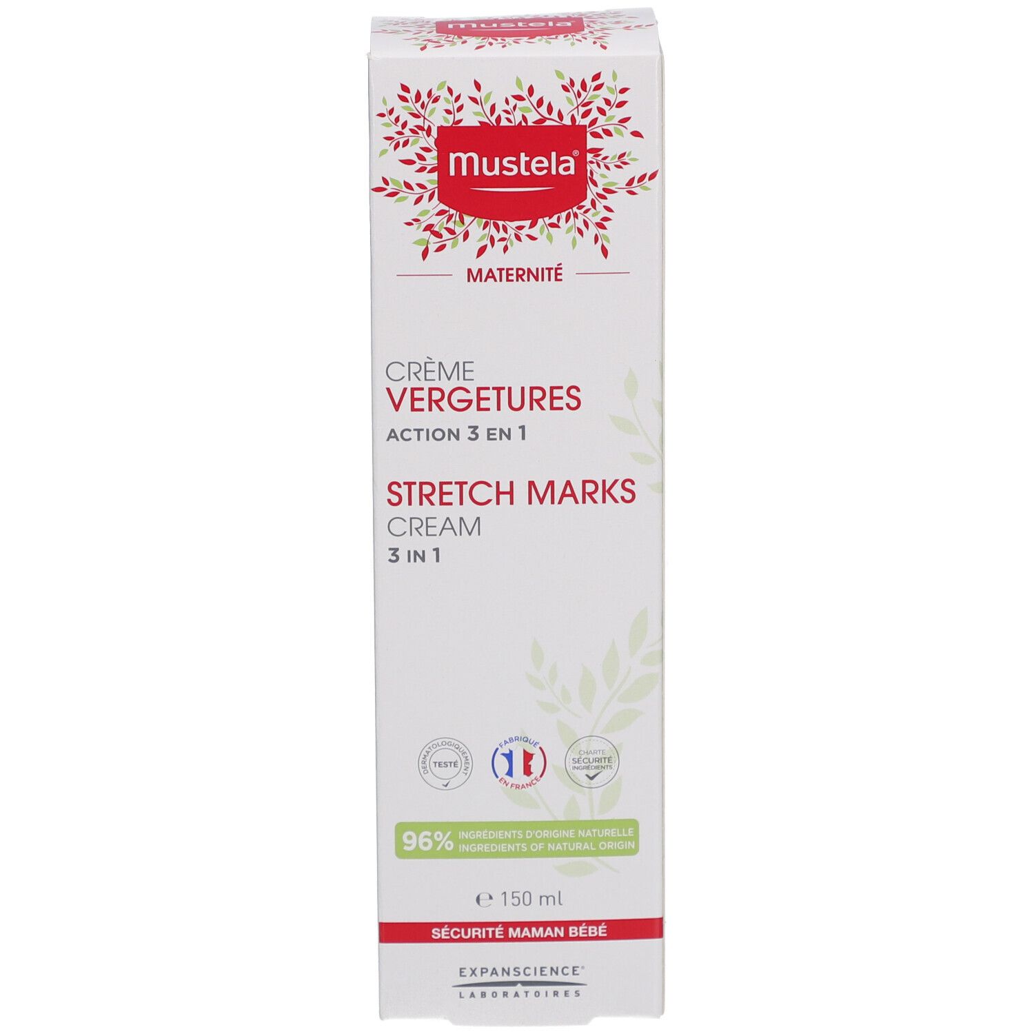 Emballage blanc. Inscription: Crème Vergetures, Stretch Marks Cream, 3 en 1. Logo: Mustela. 96% ingrédients d'origine naturelle.
