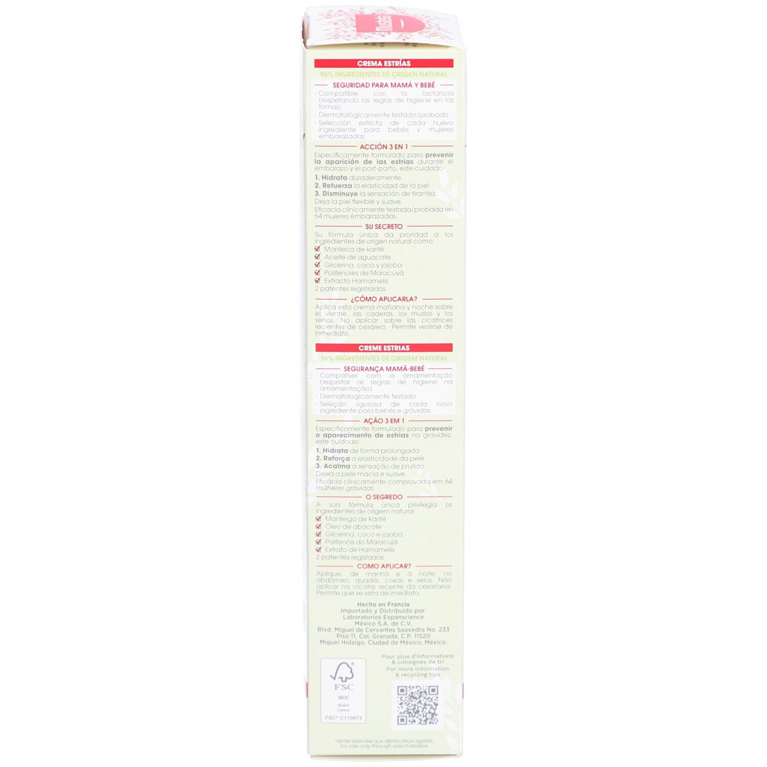 Dos de l'emballage. Texte en plusieurs langues. Logo: Mustela. 150 ml. Fabriqué en France. Certification FSC.