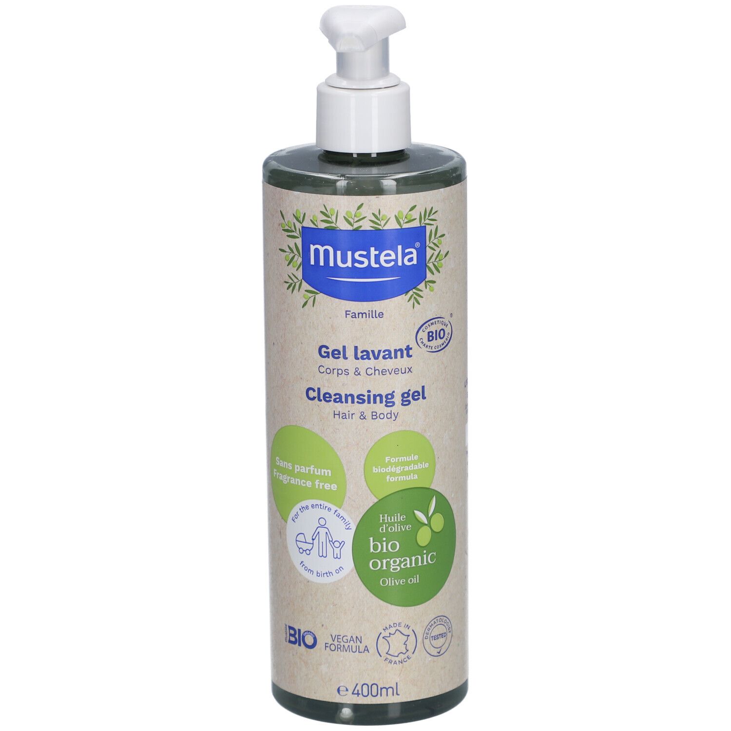 Grüne Flasche mit weißem Pumpkopf. Aufschrift: Mustela, Gel lavant, Hair & Body. Bio-Zertifizierung, vegan.